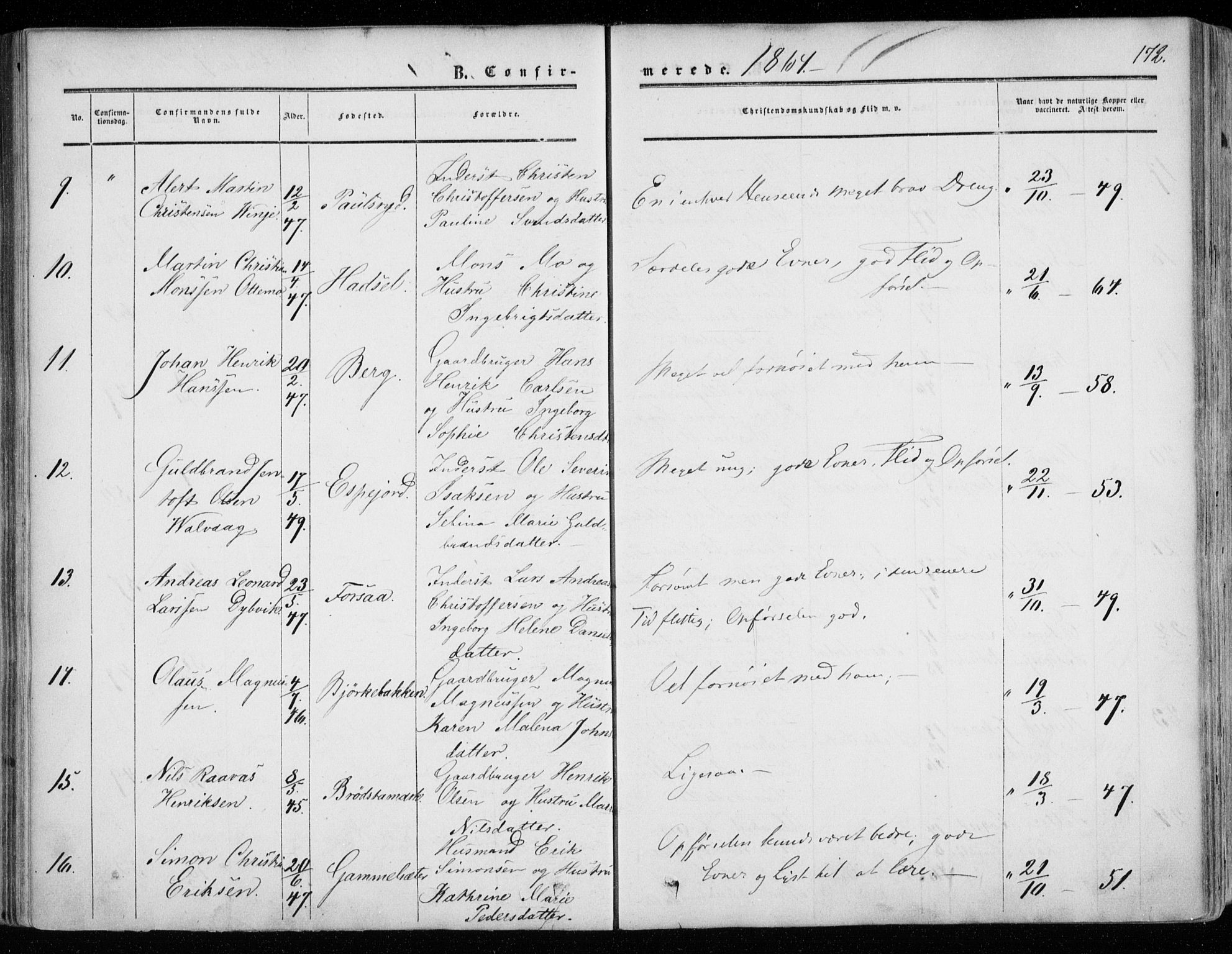 Tranøy sokneprestkontor, AV/SATØ-S-1313/I/Ia/Iaa/L0007kirke: Parish register (official) no. 7, 1856-1866, p. 172