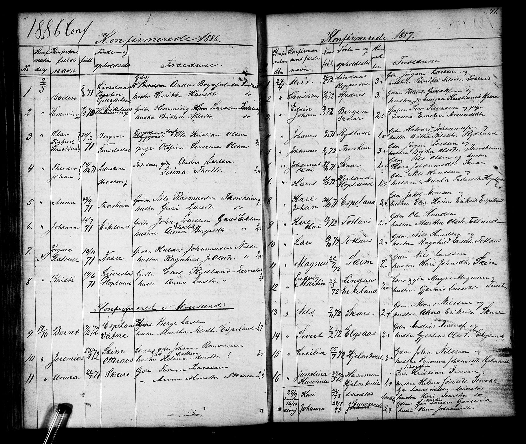 Alversund Sokneprestembete, SAB/A-73901/H/Ha/Hab: Parish register (copy) no. D 2, 1851-1889, p. 71