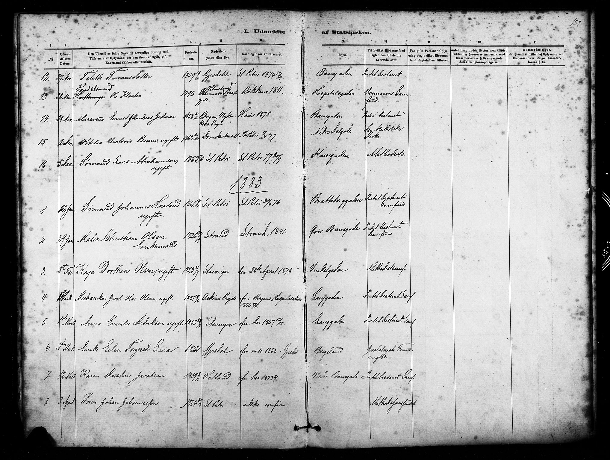 St. Petri sokneprestkontor, SAST/A-101813/001/30/30BA/L0011: Parish register (official) no. A 11, 1879-1892, p. 133