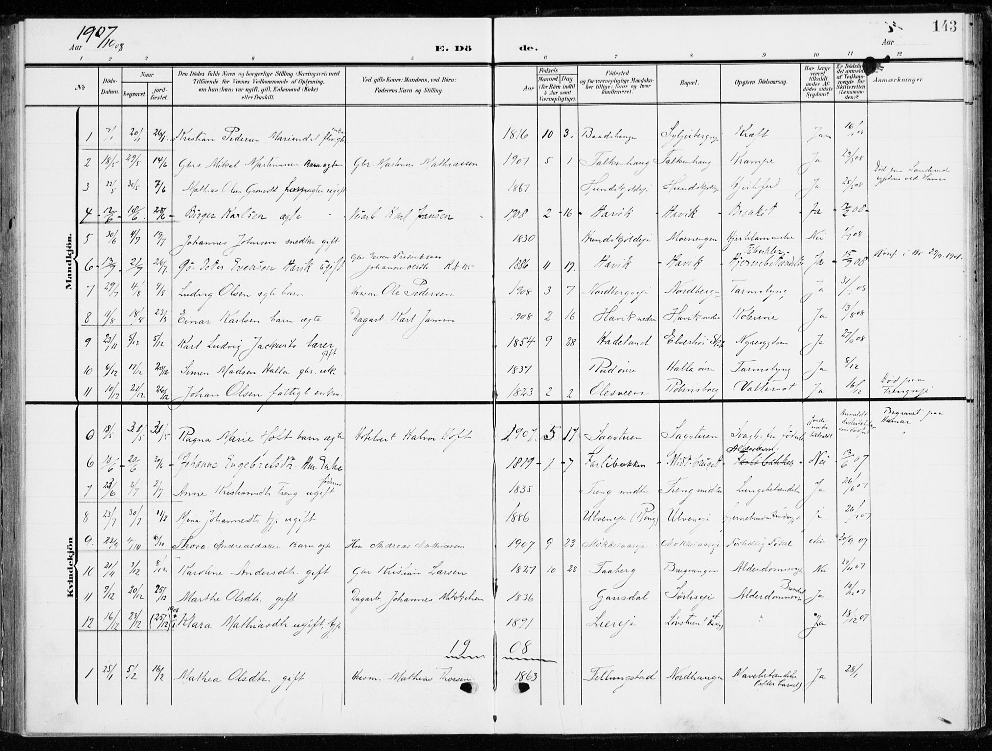 Ringsaker prestekontor, SAH/PREST-014/K/Ka/L0021: Parish register (official) no. 21, 1905-1920, p. 143