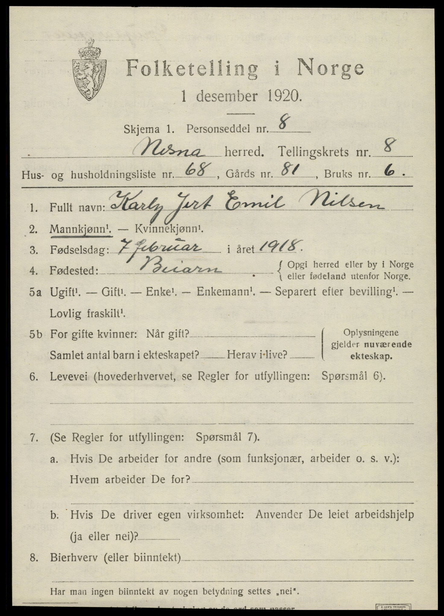 SAT, 1920 census for Nesna, 1920, p. 7319