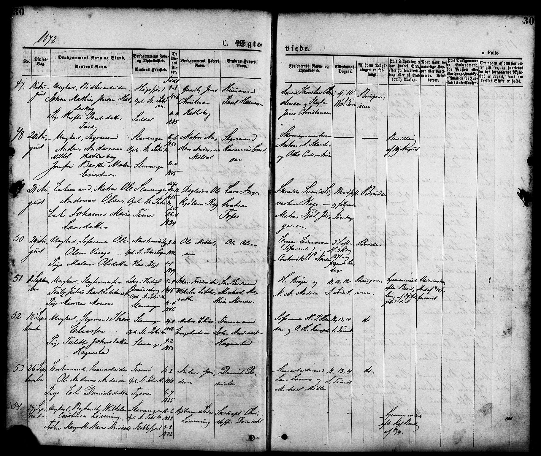 St. Petri sokneprestkontor, AV/SAST-A-101813/001/30/30BA/L0010: Parish register (official) no. A 10, 1869-1878, p. 30