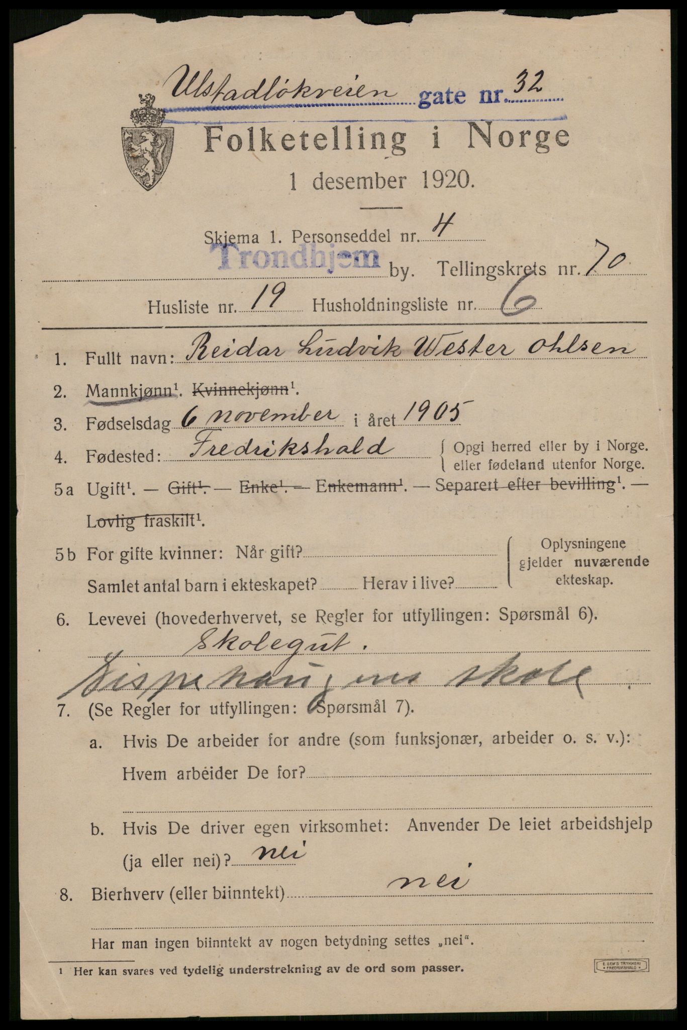 SAT, 1920 census for Trondheim, 1920, p. 139454