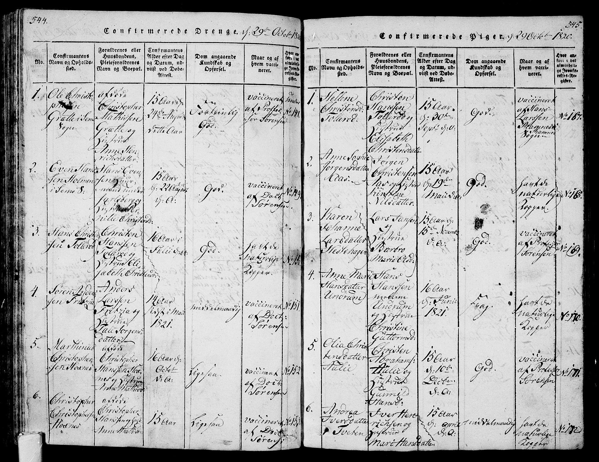 Sem kirkebøker, AV/SAKO-A-5/G/Ga/L0001: Parish register (copy) no. I 1, 1814-1825, p. 544-545