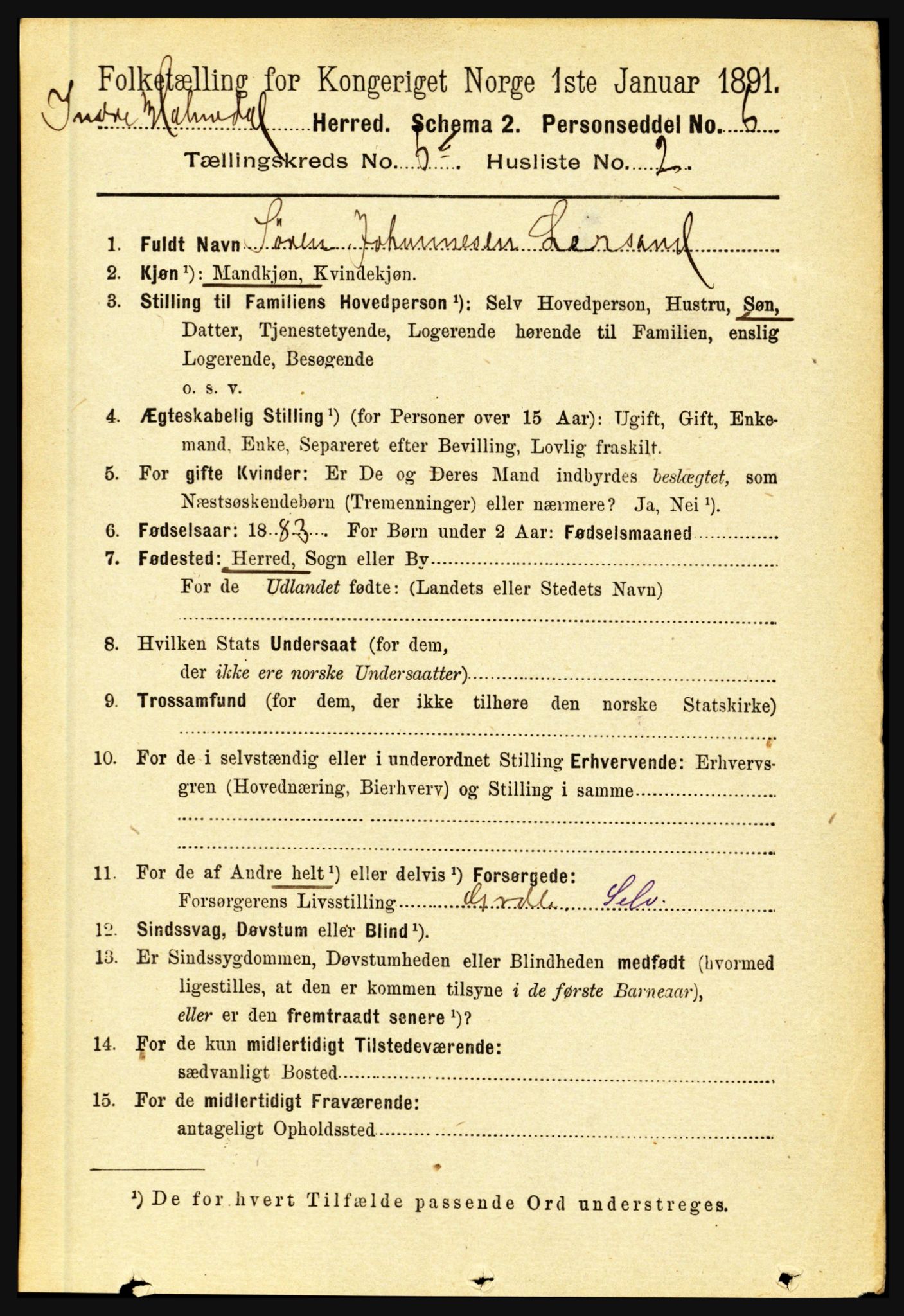 RA, 1891 census for 1430 Indre Holmedal, 1891, p. 2880