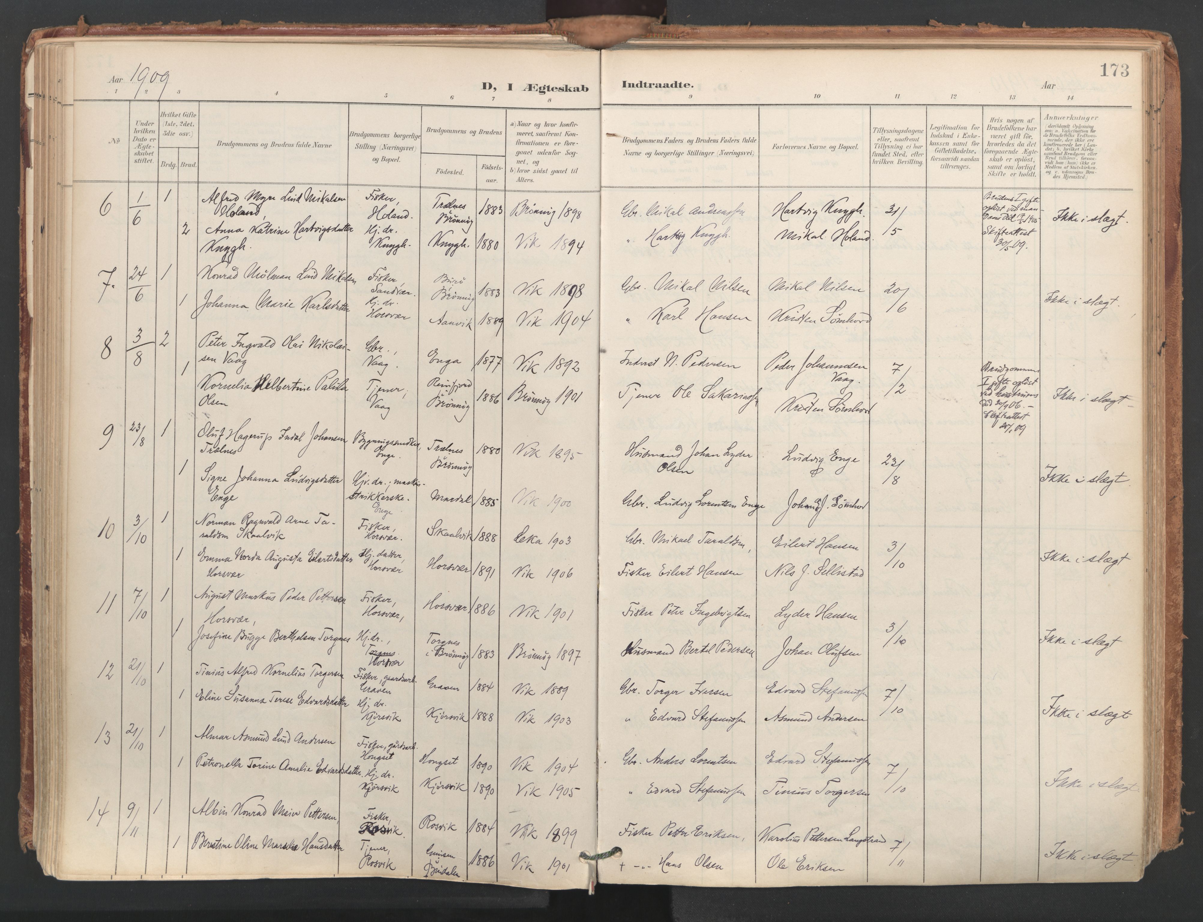 Ministerialprotokoller, klokkerbøker og fødselsregistre - Nordland, AV/SAT-A-1459/812/L0180: Parish register (official) no. 812A09, 1901-1915, p. 173