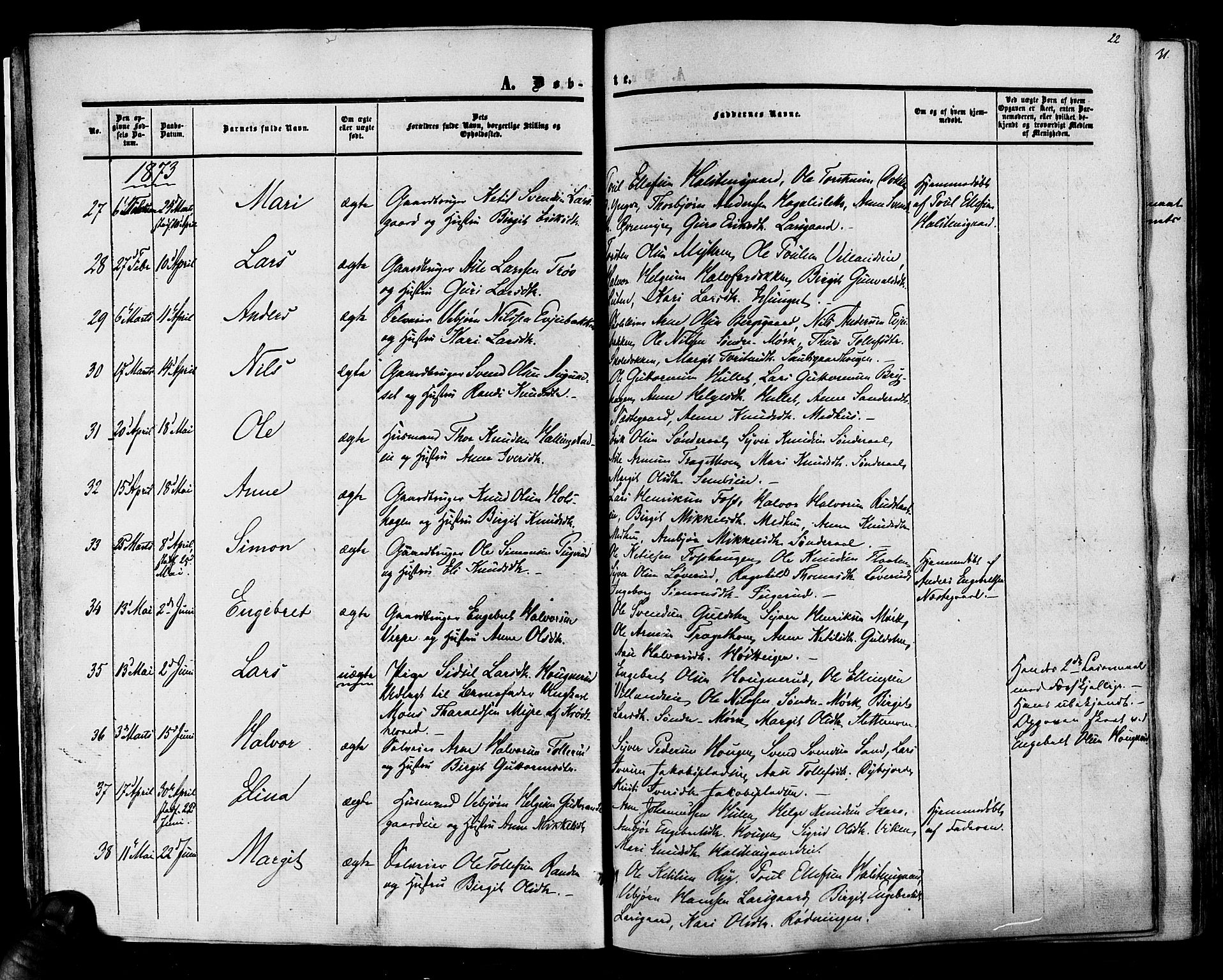 Hol kirkebøker, SAKO/A-227/F/Fa/L0002: Parish register (official) no. I 2, 1870-1886, p. 22