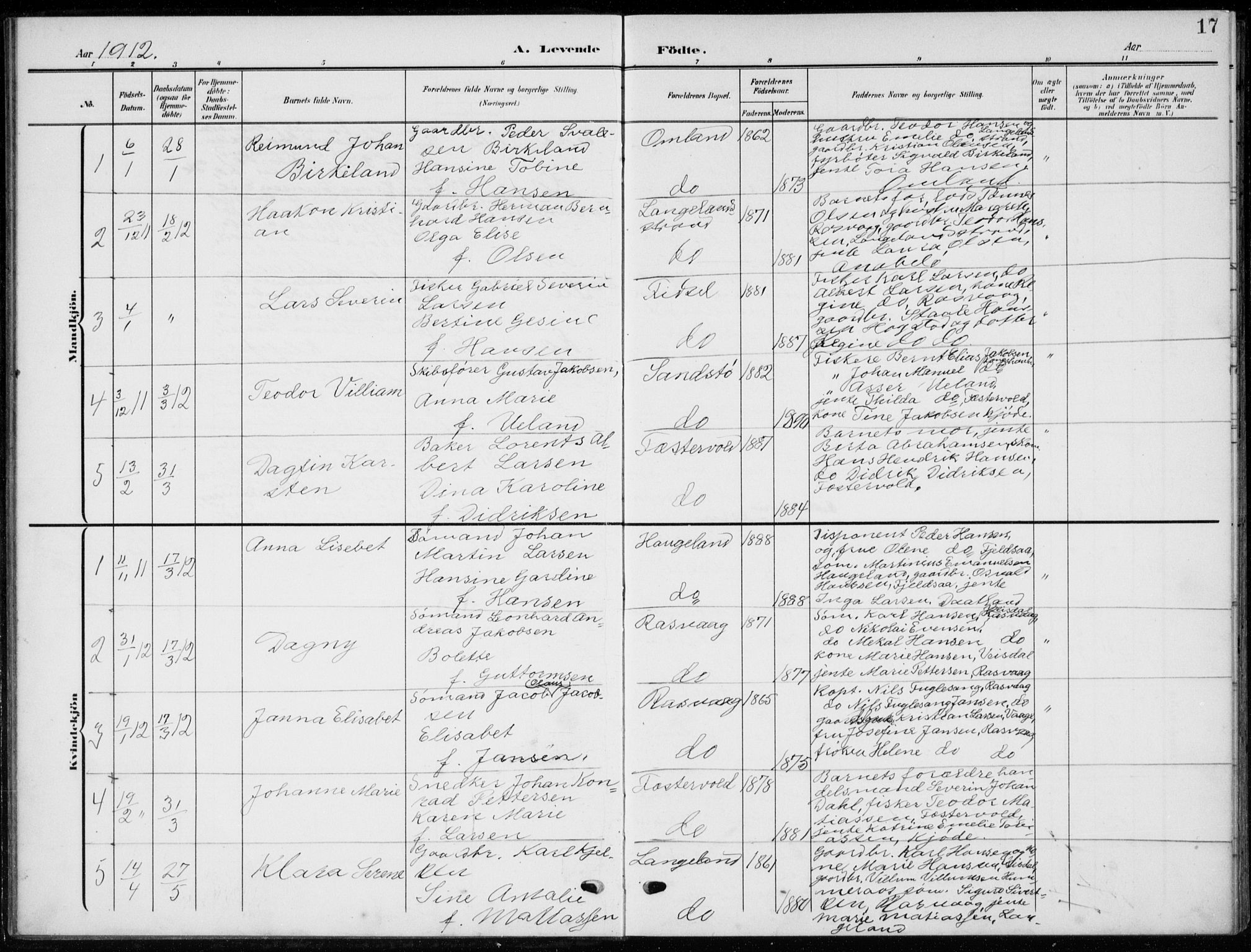 Flekkefjord sokneprestkontor, AV/SAK-1111-0012/F/Fb/Fbb/L0005: Parish register (copy) no. B 5, 1908-1927, p. 17