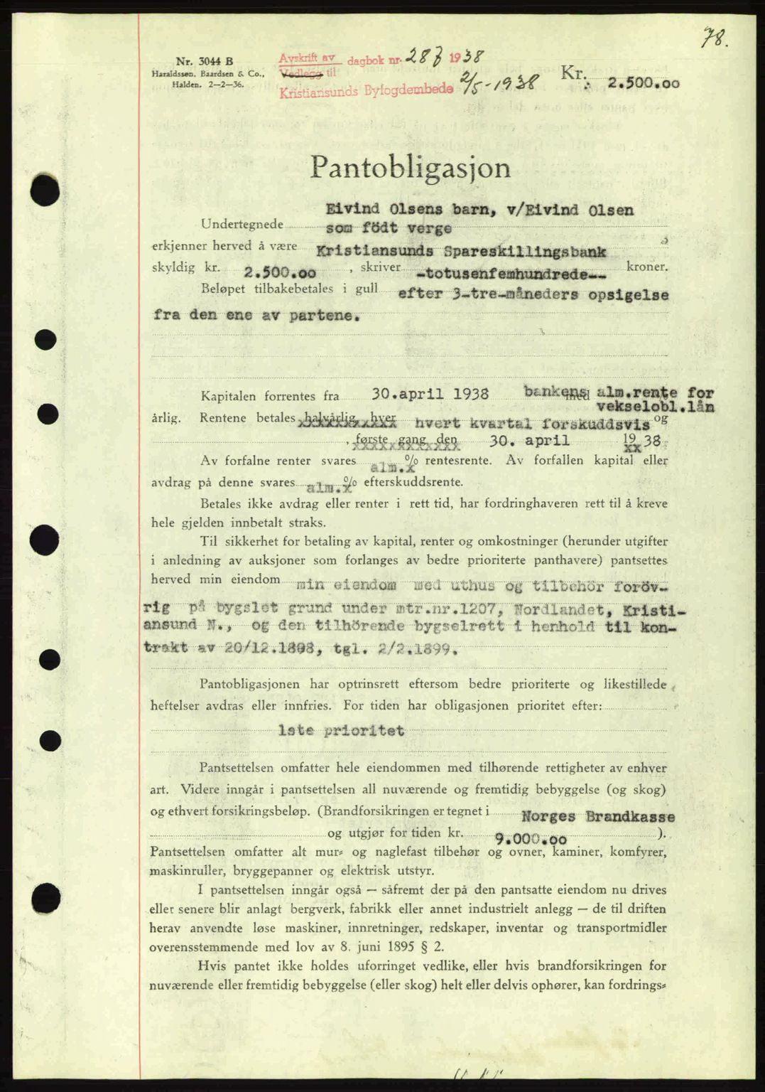 Kristiansund byfogd, SAT/A-4587/A/27: Mortgage book no. 31, 1938-1939, Diary no: : 287/1938