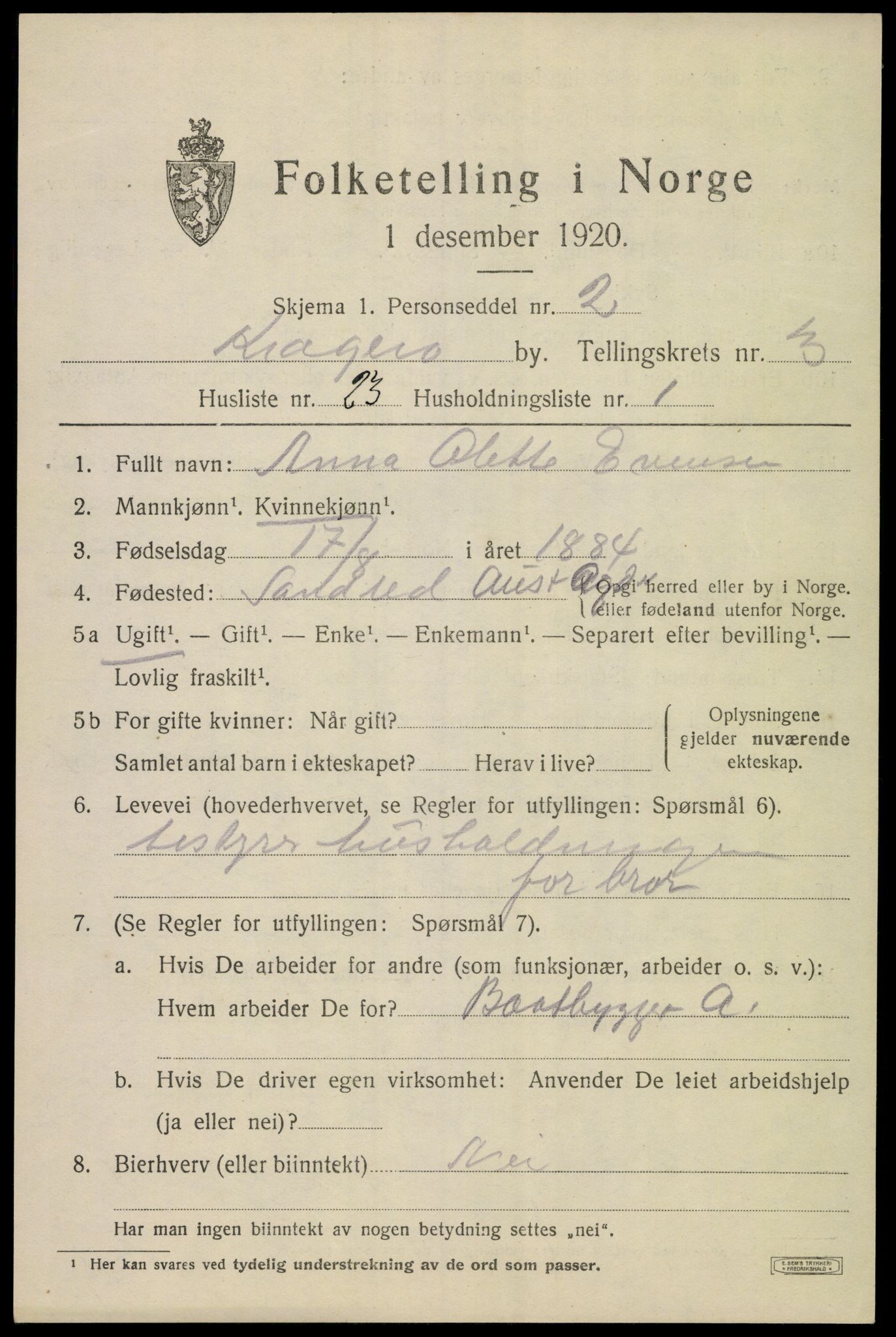 SAKO, 1920 census for Kragerø, 1920, p. 7317