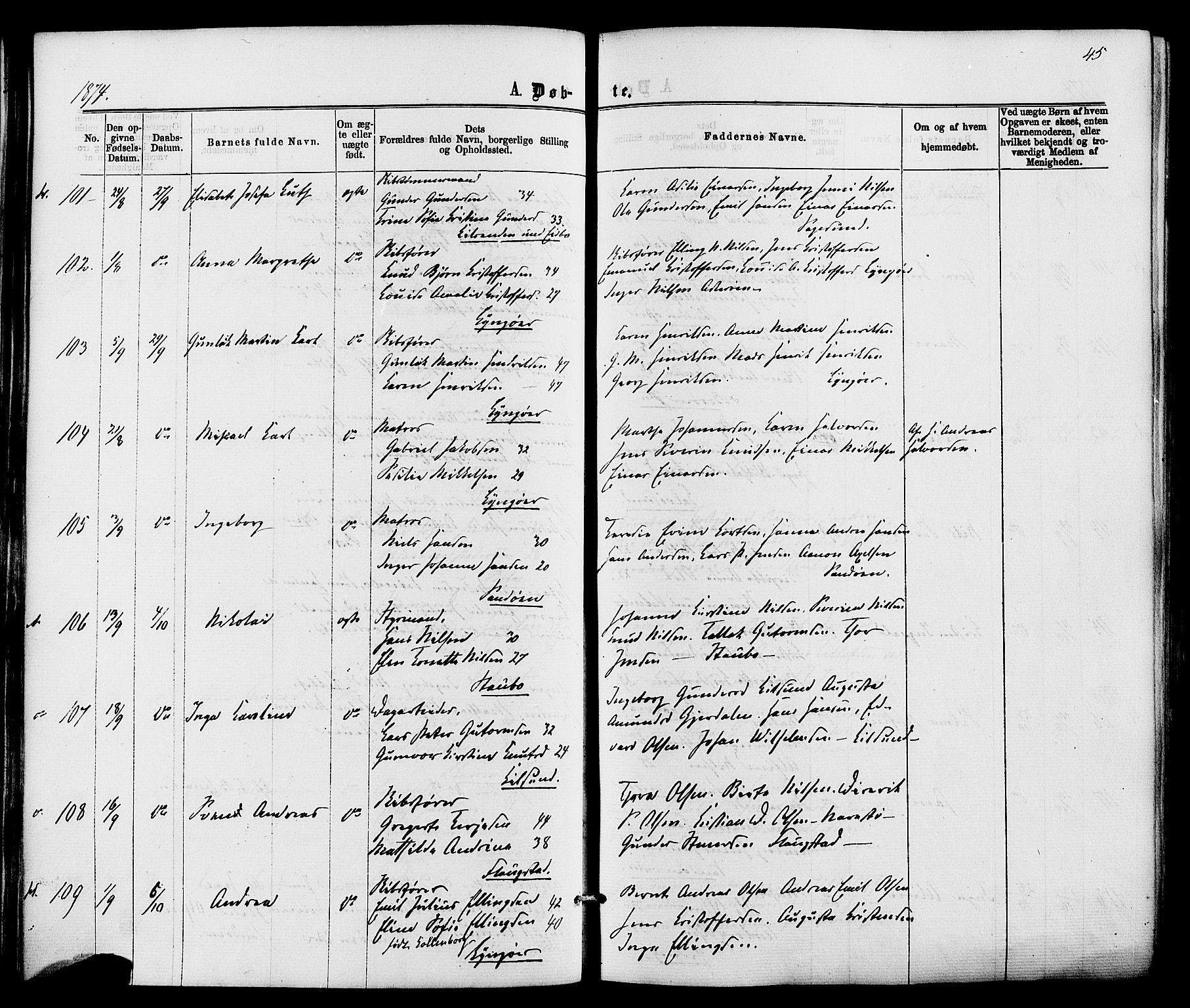Dypvåg sokneprestkontor, AV/SAK-1111-0007/F/Fa/Faa/L0007: Parish register (official) no. A 7/ 1, 1872-1884, p. 45