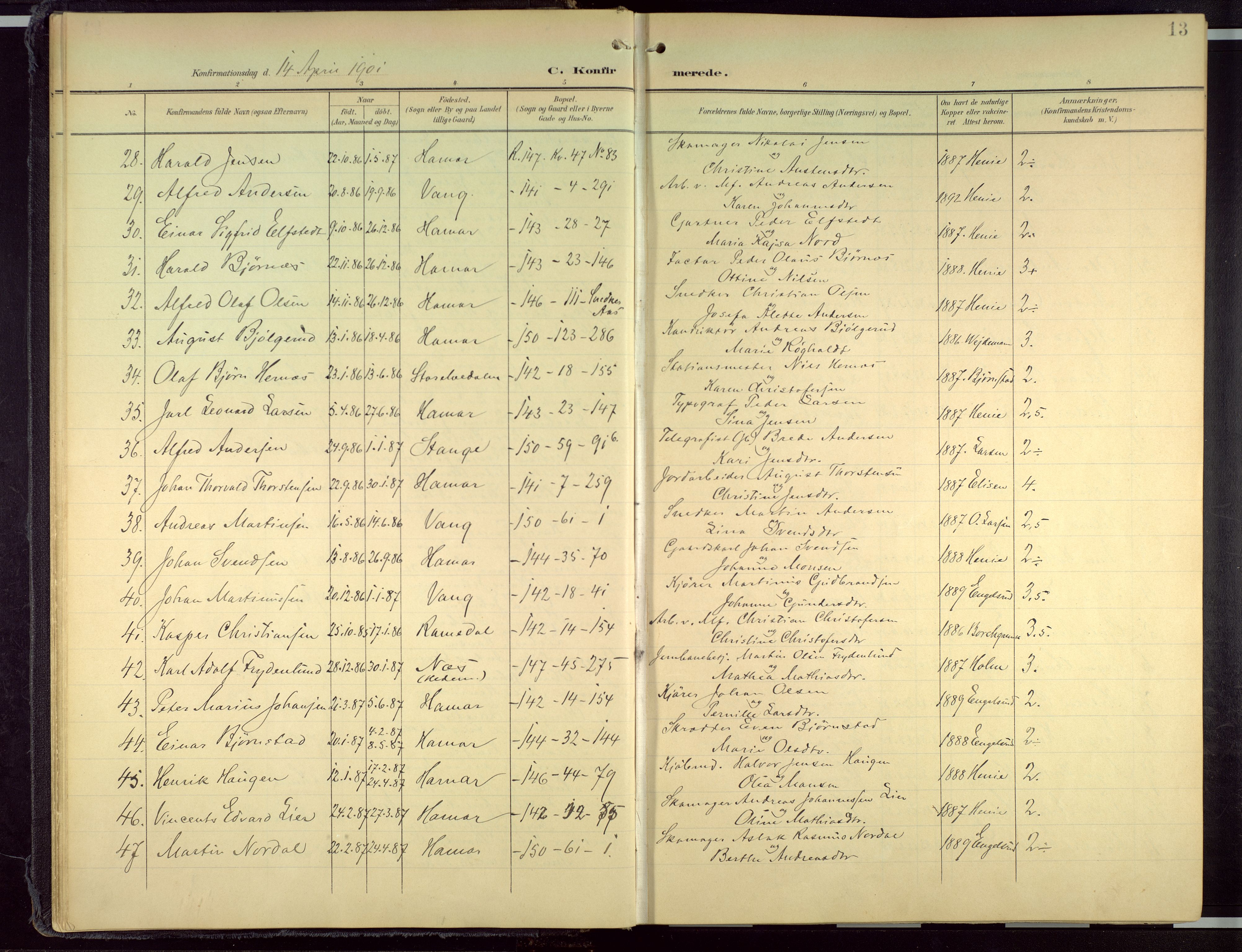 Hamar prestekontor, AV/SAH-DOMPH-002/H/Ha/Haa/L0004: Parish register (official) no. 4, 1899-1973, p. 13