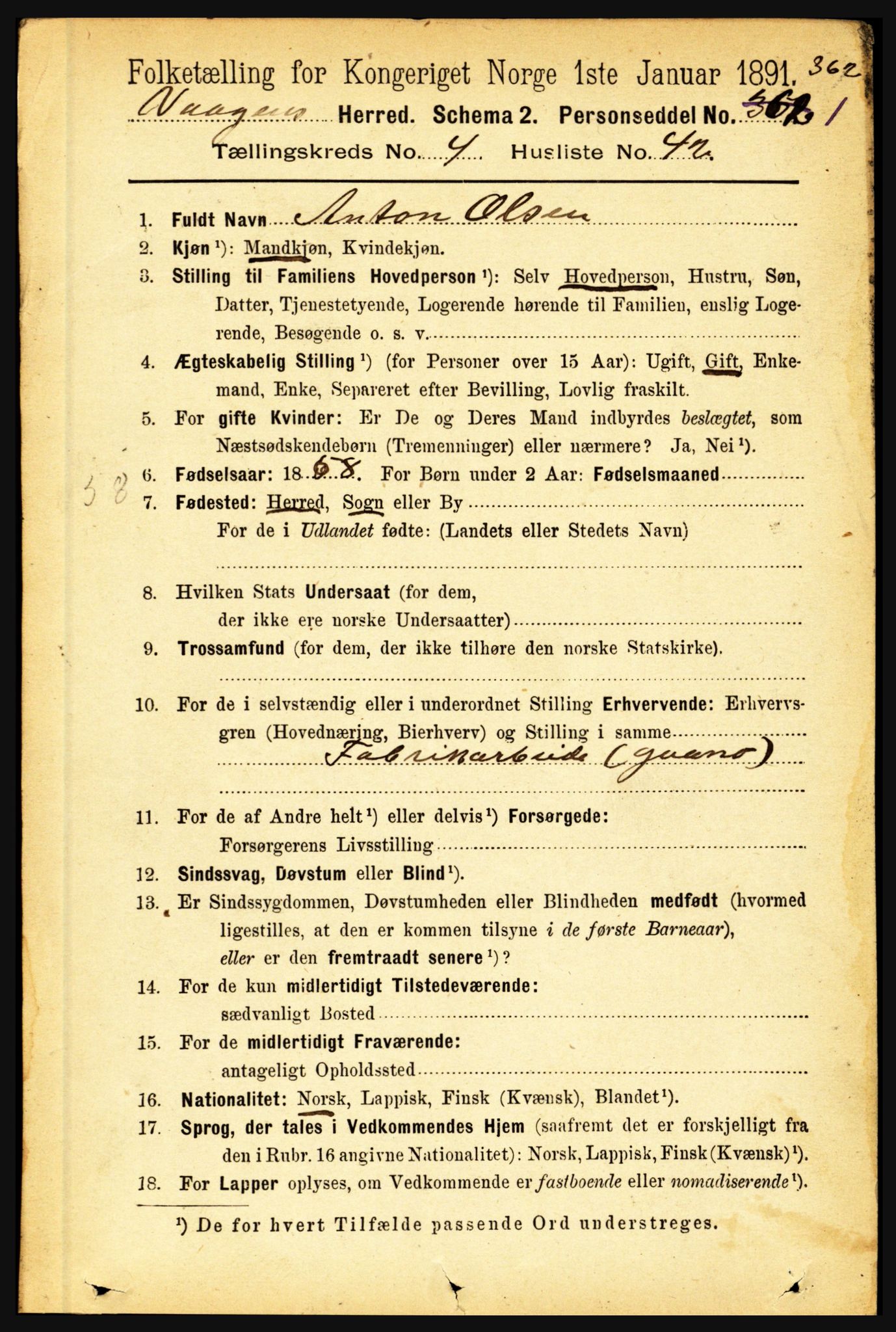 RA, 1891 census for 1865 Vågan, 1891, p. 1302