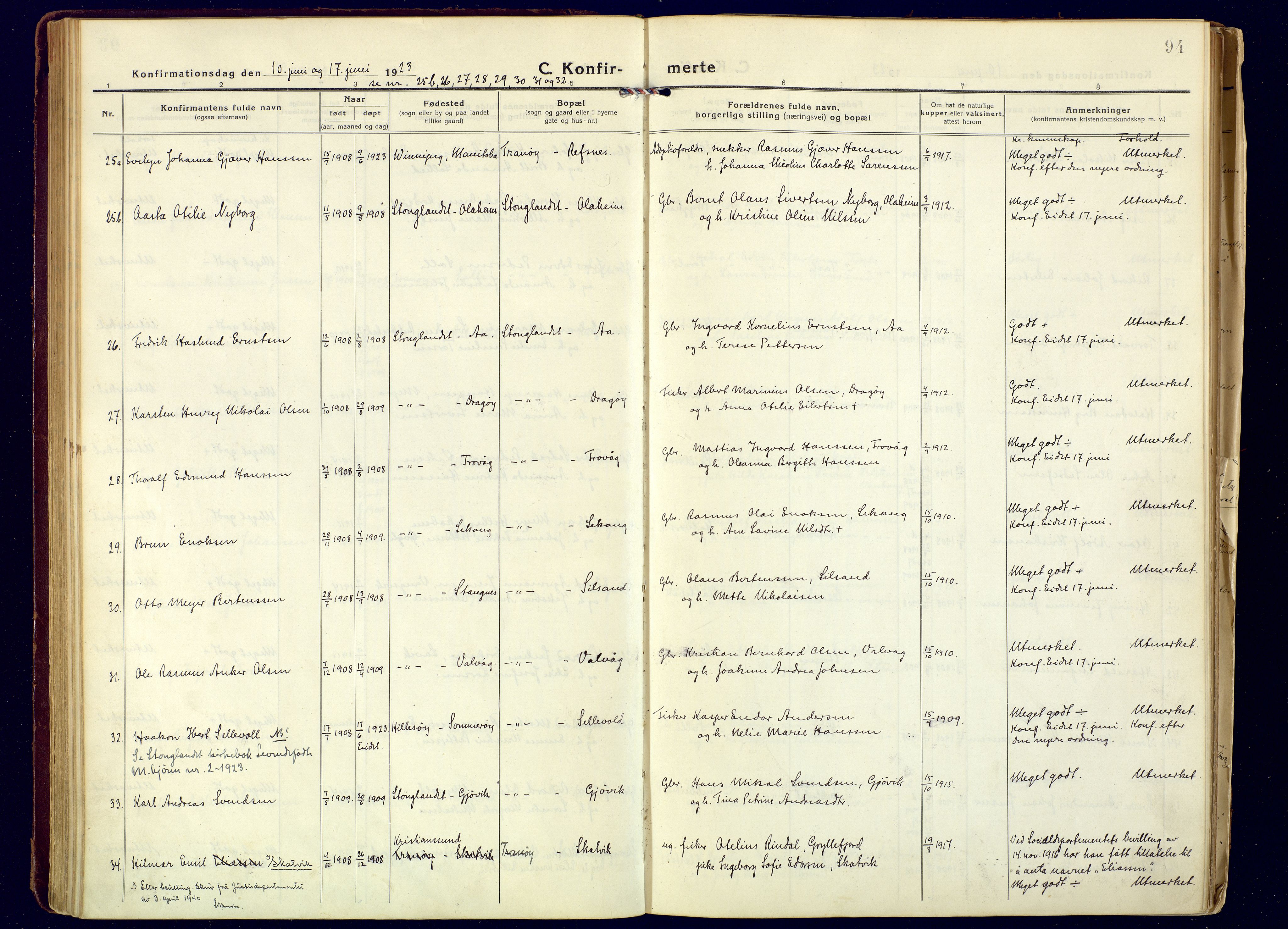 Tranøy sokneprestkontor, AV/SATØ-S-1313/I/Ia/Iaa/L0016kirke: Parish register (official) no. 16, 1919-1932, p. 94