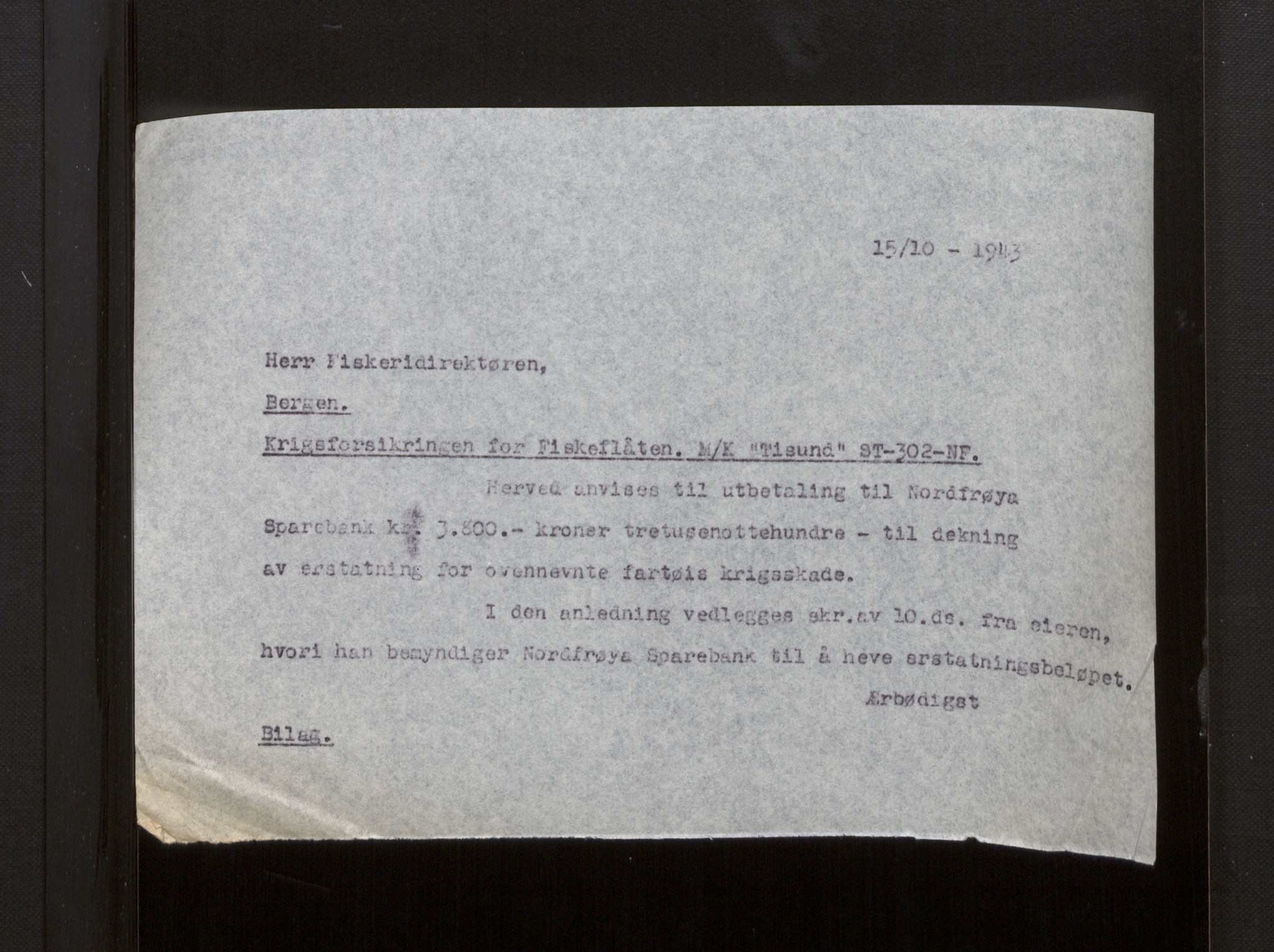 Fiskeridirektoratet - 1 Adm. ledelse - 13 Båtkontoret, AV/SAB-A-2003/La/L0008: Statens krigsforsikring for fiskeflåten, 1936-1971, p. 397