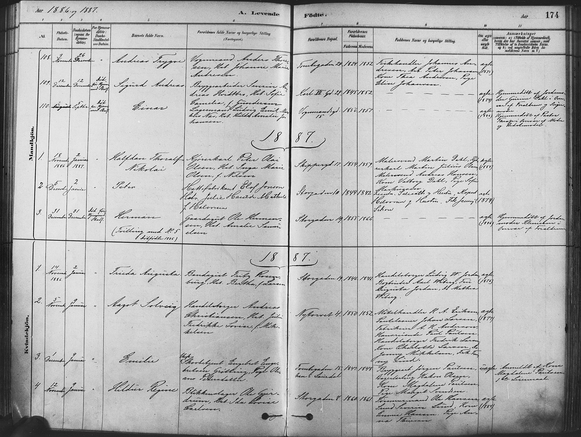 Oslo domkirke Kirkebøker, SAO/A-10752/F/Fa/L0029: Parish register (official) no. 29, 1879-1892, p. 174