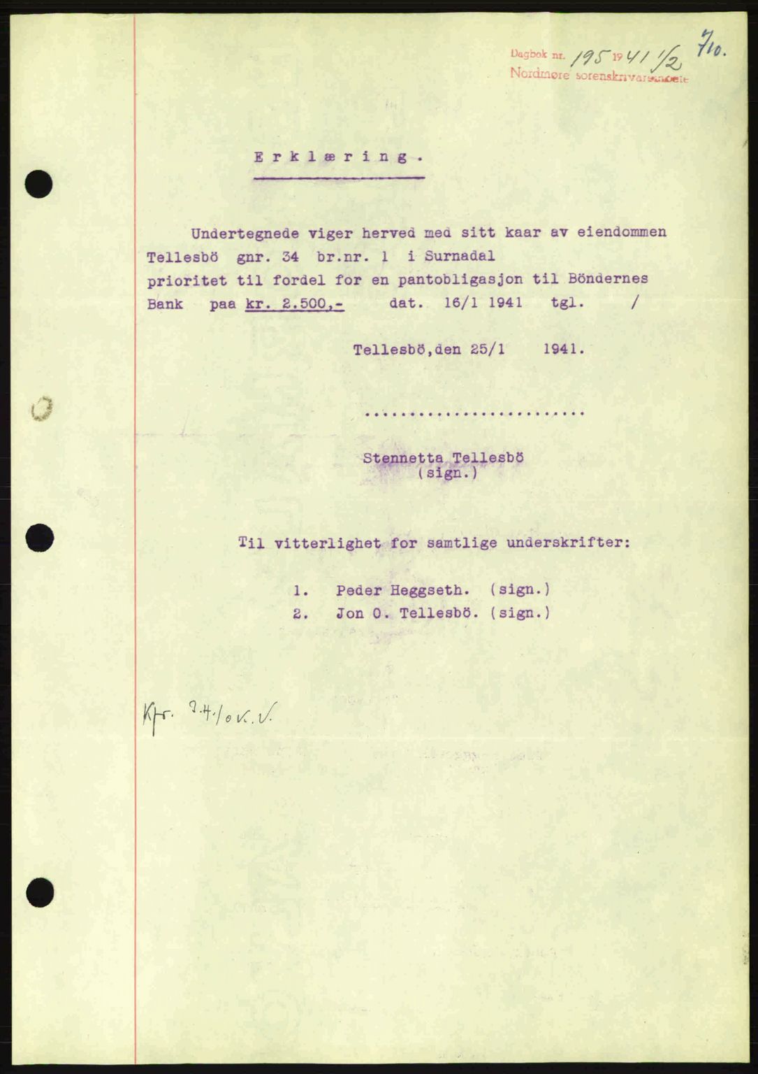 Nordmøre sorenskriveri, AV/SAT-A-4132/1/2/2Ca: Mortgage book no. B87, 1940-1941, Diary no: : 195/1941