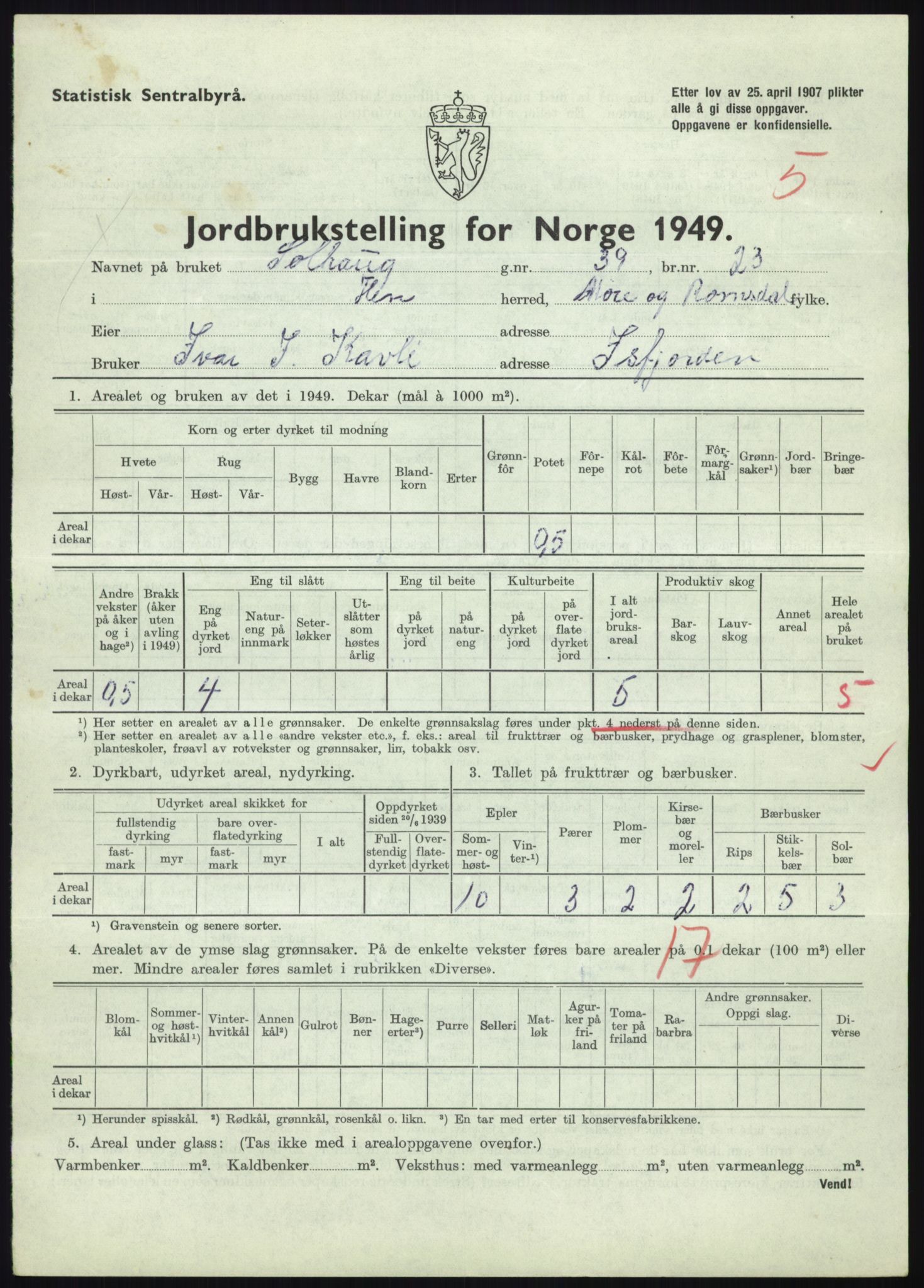 Statistisk sentralbyrå, Næringsøkonomiske emner, Jordbruk, skogbruk, jakt, fiske og fangst, AV/RA-S-2234/G/Gc/L0323: Møre og Romsdal: Grytten og Hen, 1949, p. 505