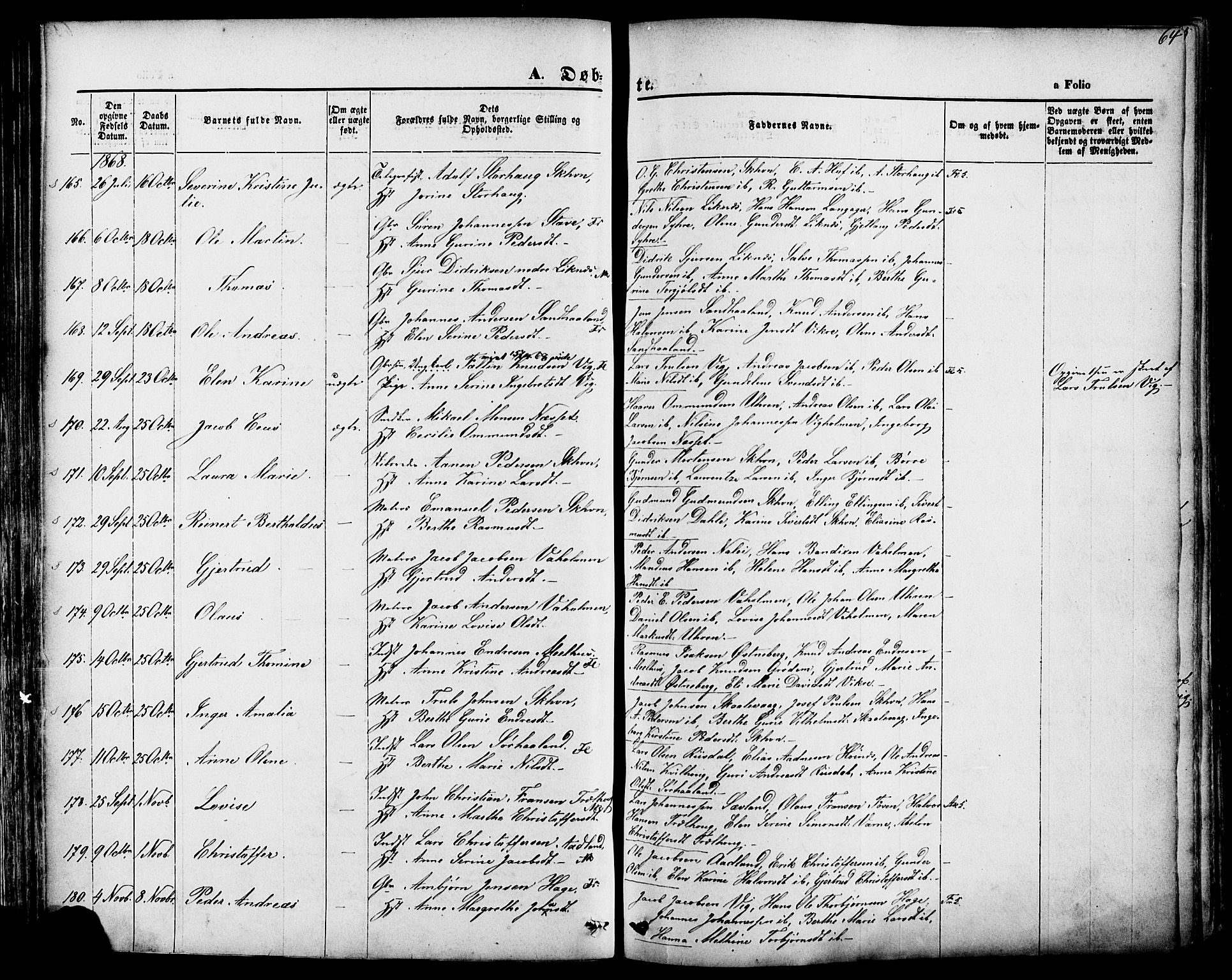 Skudenes sokneprestkontor, SAST/A -101849/H/Ha/Haa/L0006: Parish register (official) no. A 4, 1864-1881, p. 64