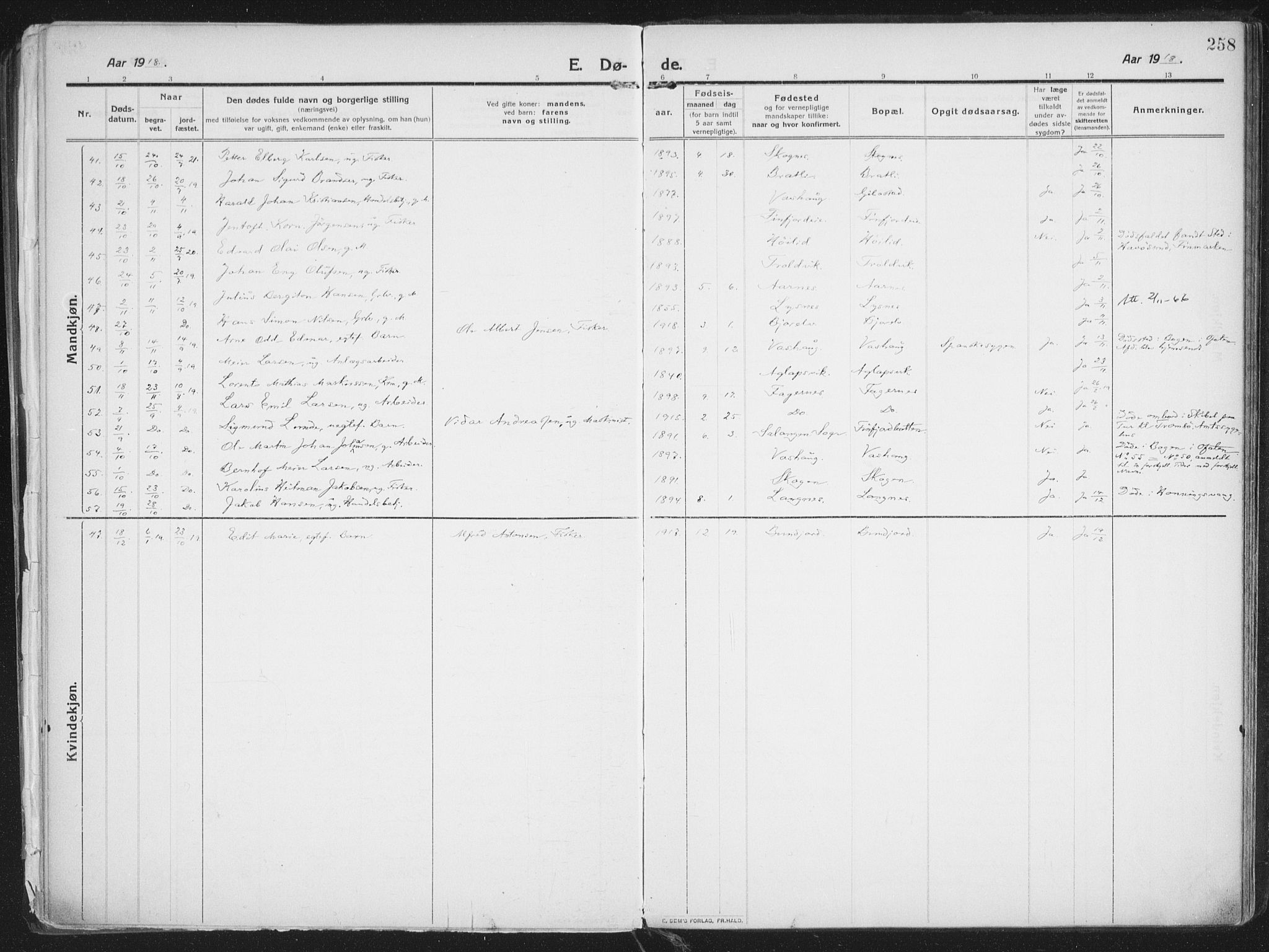 Lenvik sokneprestembete, SATØ/S-1310/H/Ha/Haa/L0016kirke: Parish register (official) no. 16, 1910-1924, p. 258