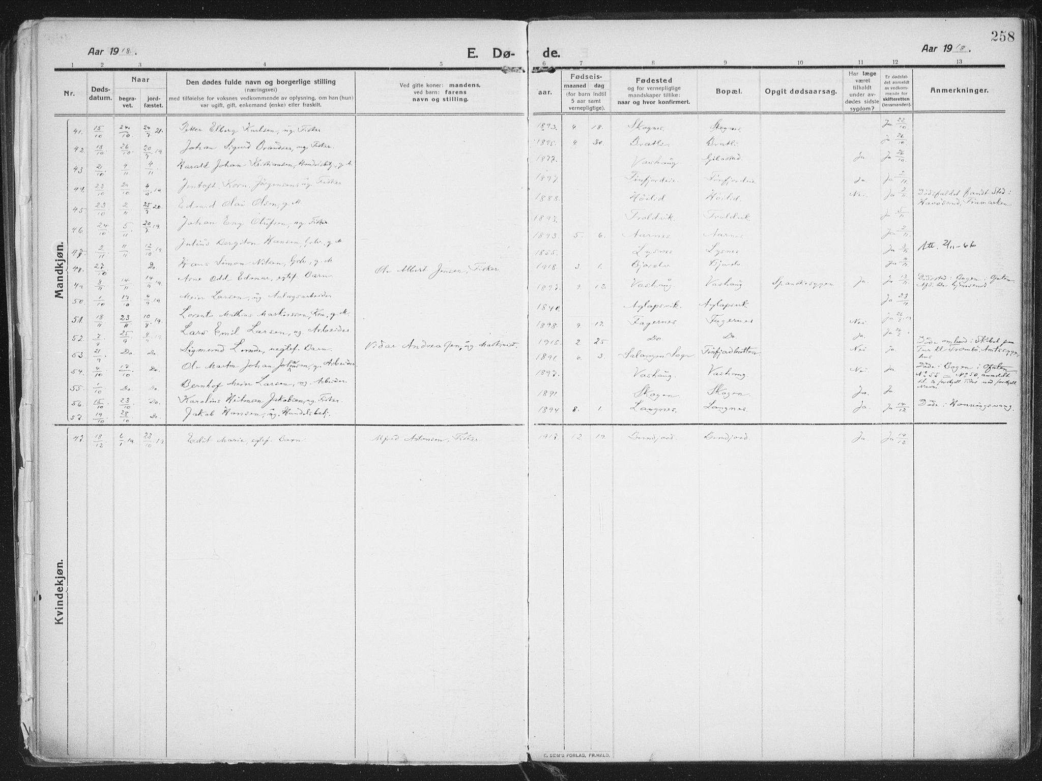 Lenvik sokneprestembete, AV/SATØ-S-1310/H/Ha/Haa/L0016kirke: Parish register (official) no. 16, 1910-1924, p. 258