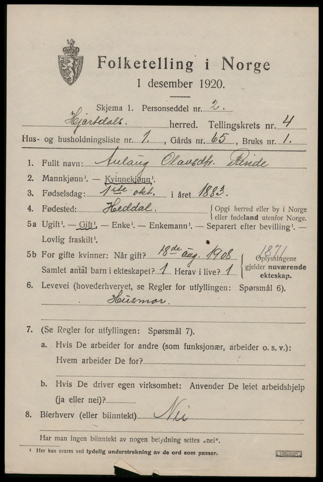 SAKO, 1920 census for Hjartdal, 1920, p. 2798