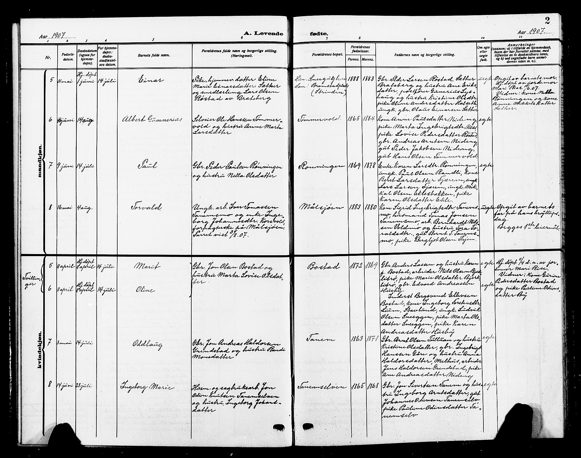 Ministerialprotokoller, klokkerbøker og fødselsregistre - Sør-Trøndelag, AV/SAT-A-1456/618/L0453: Parish register (copy) no. 618C04, 1907-1925, p. 2