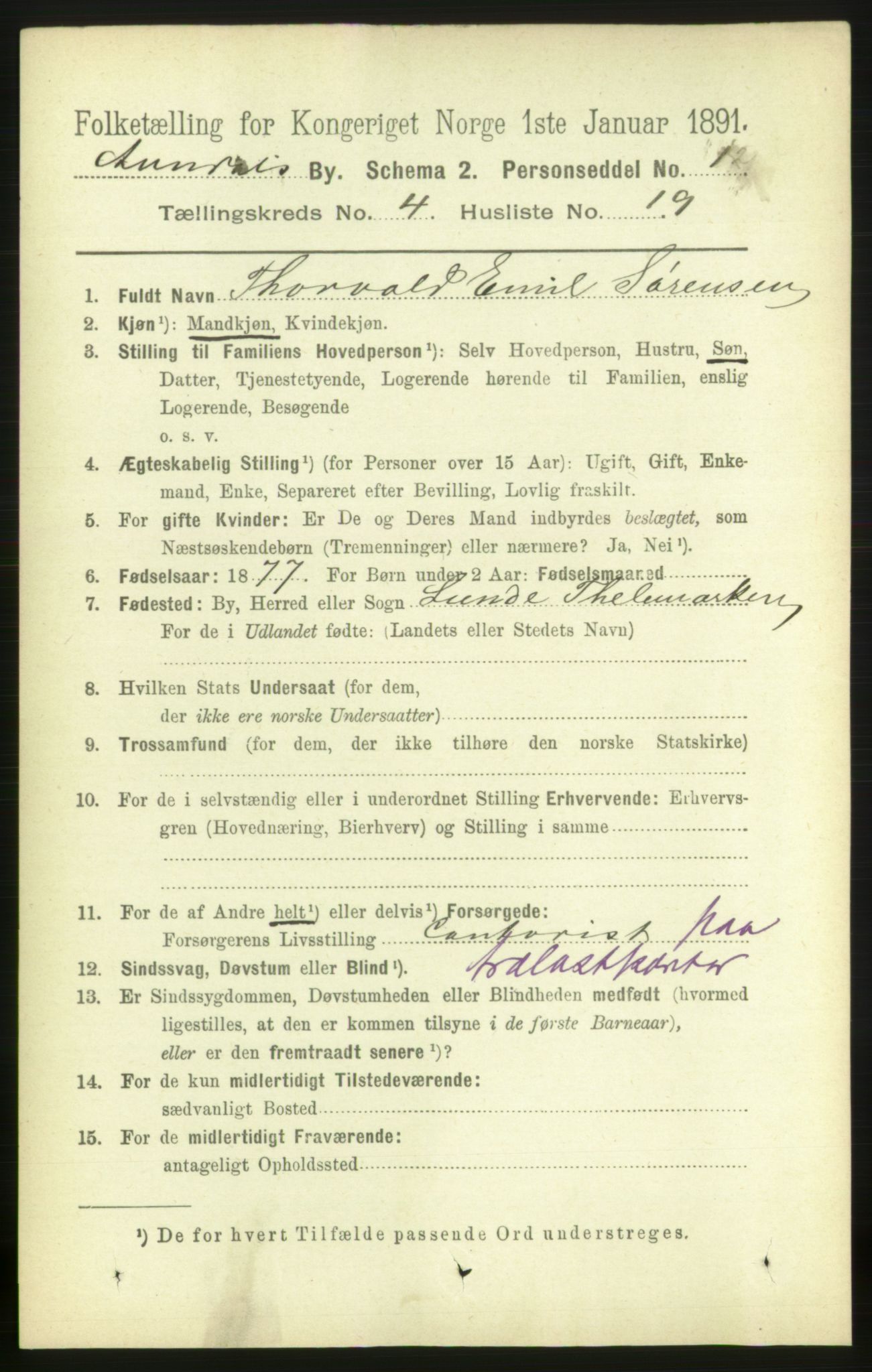 RA, 1891 census for 0903 Arendal, 1891, p. 1782