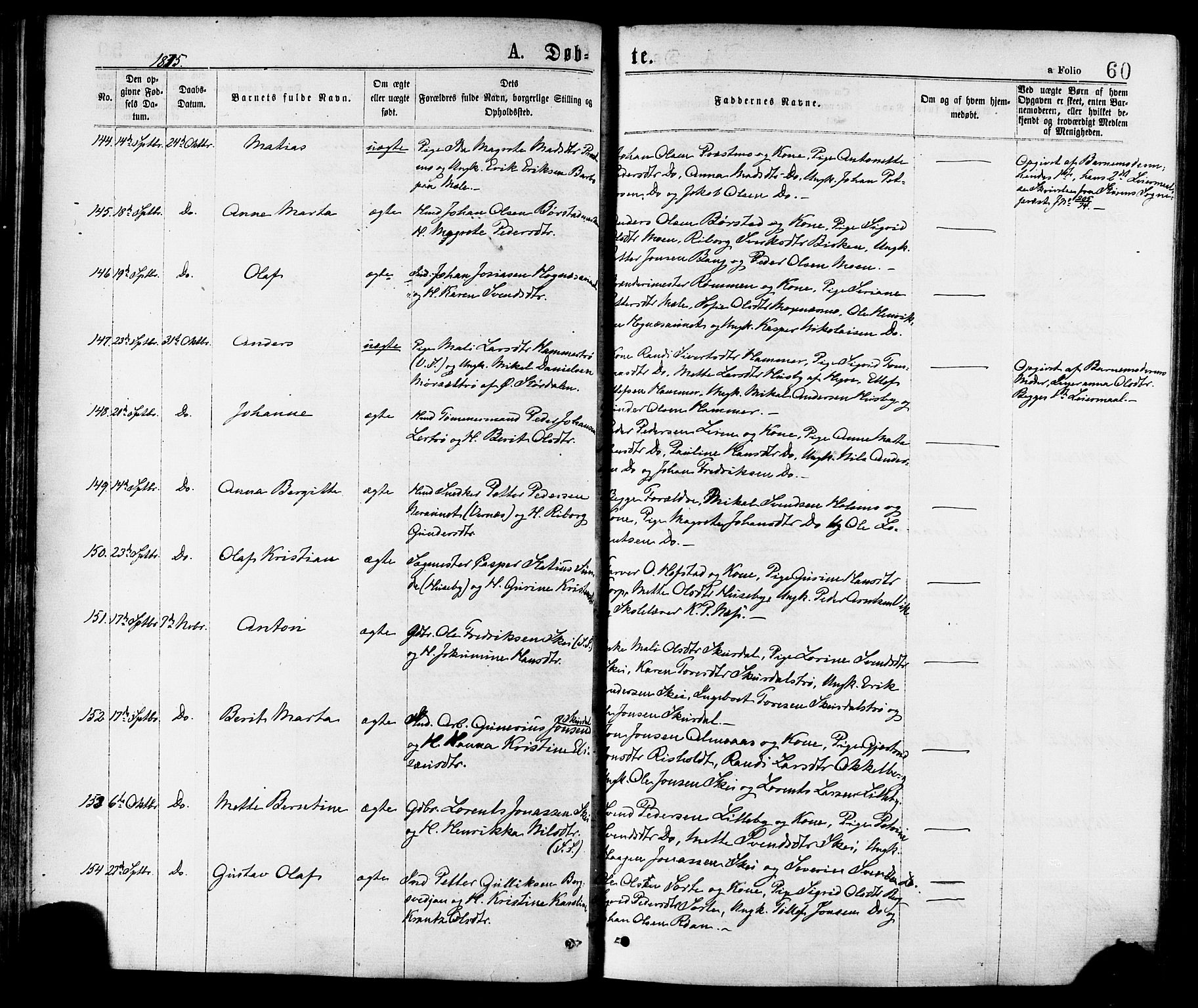 Ministerialprotokoller, klokkerbøker og fødselsregistre - Nord-Trøndelag, SAT/A-1458/709/L0076: Parish register (official) no. 709A16, 1871-1879, p. 60
