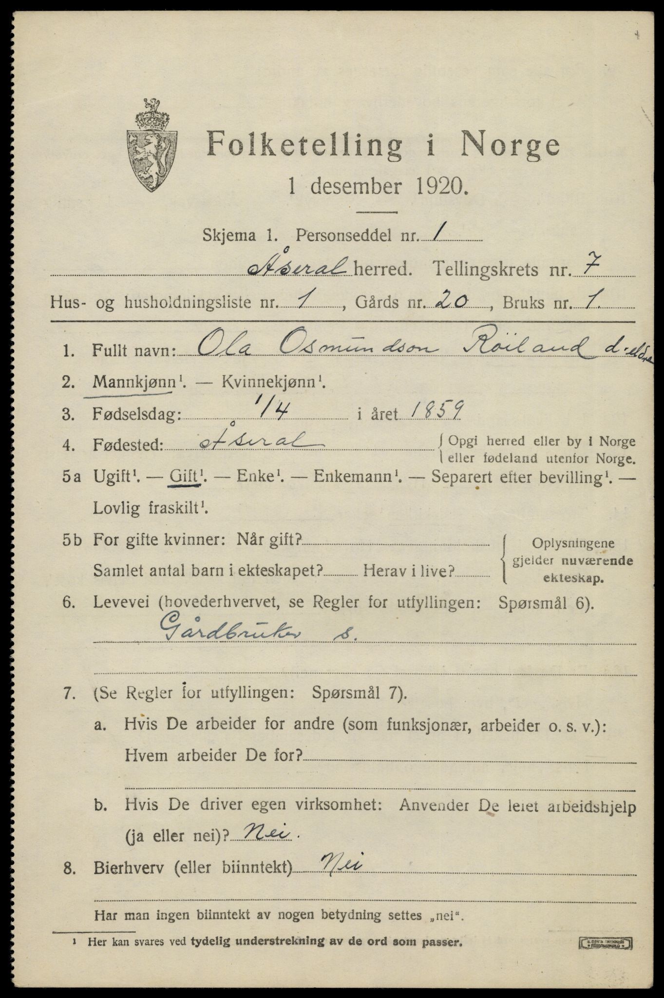 SAK, 1920 census for Åseral, 1920, p. 2046