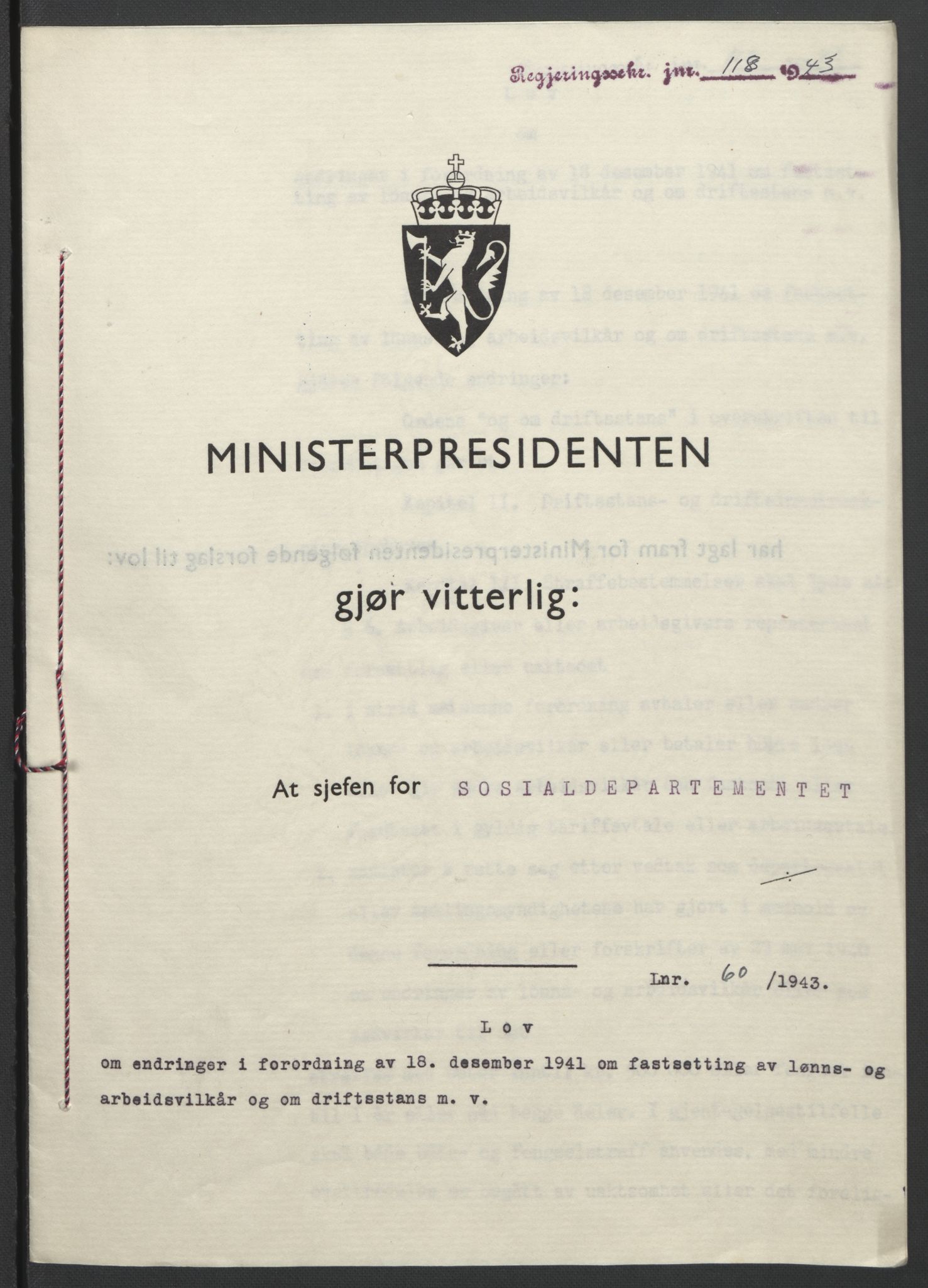 NS-administrasjonen 1940-1945 (Statsrådsekretariatet, de kommisariske statsråder mm), RA/S-4279/D/Db/L0099: Lover, 1943, p. 269