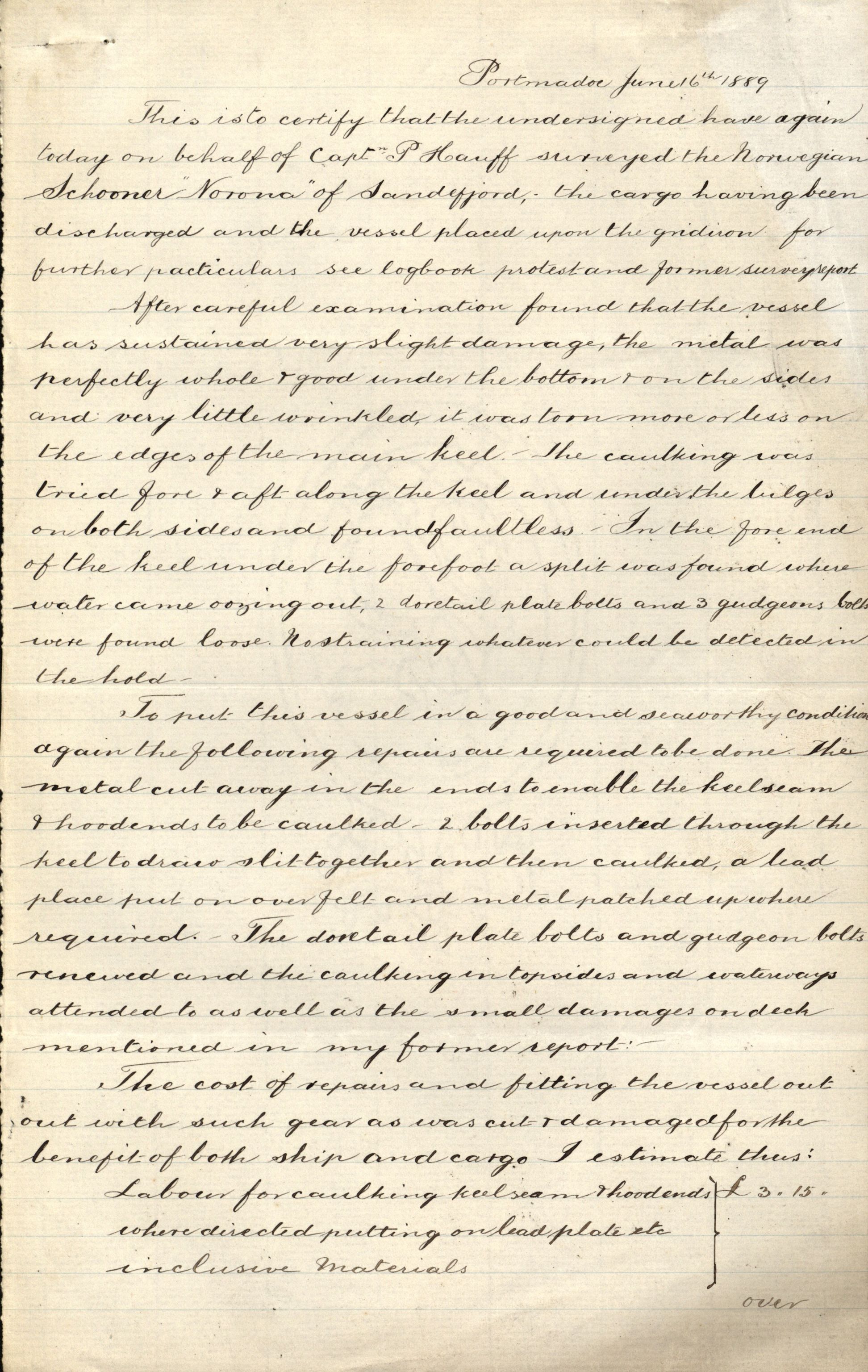 Pa 63 - Østlandske skibsassuranceforening, VEMU/A-1079/G/Ga/L0024/0001: Havaridokumenter / Norrøna, Phønic, Monark, Johan Dahll, Josephine, 1889, p. 23