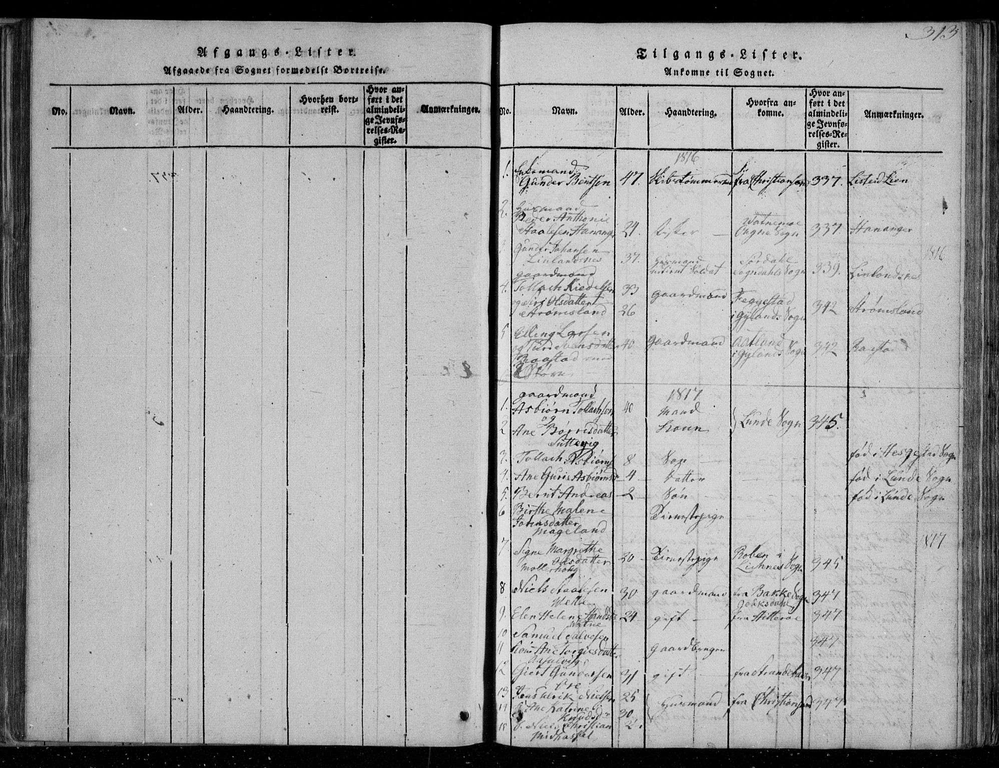 Lista sokneprestkontor, SAK/1111-0027/F/Fa/L0007: Parish register (official) no. A 7, 1816-1823, p. 313