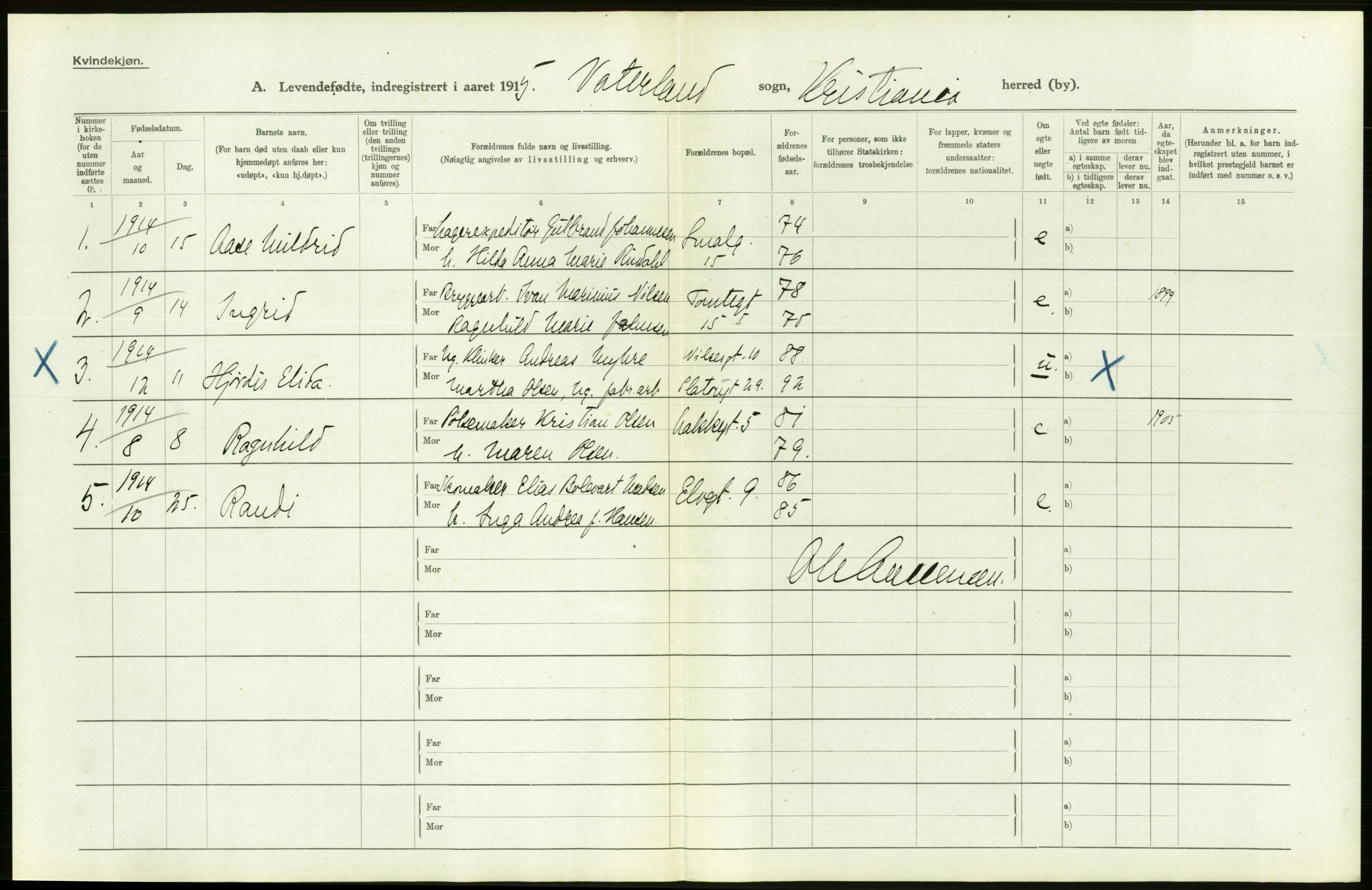 Statistisk sentralbyrå, Sosiodemografiske emner, Befolkning, RA/S-2228/D/Df/Dfb/Dfbe/L0006: Kristiania: Levendefødte menn og kvinner., 1915, p. 344