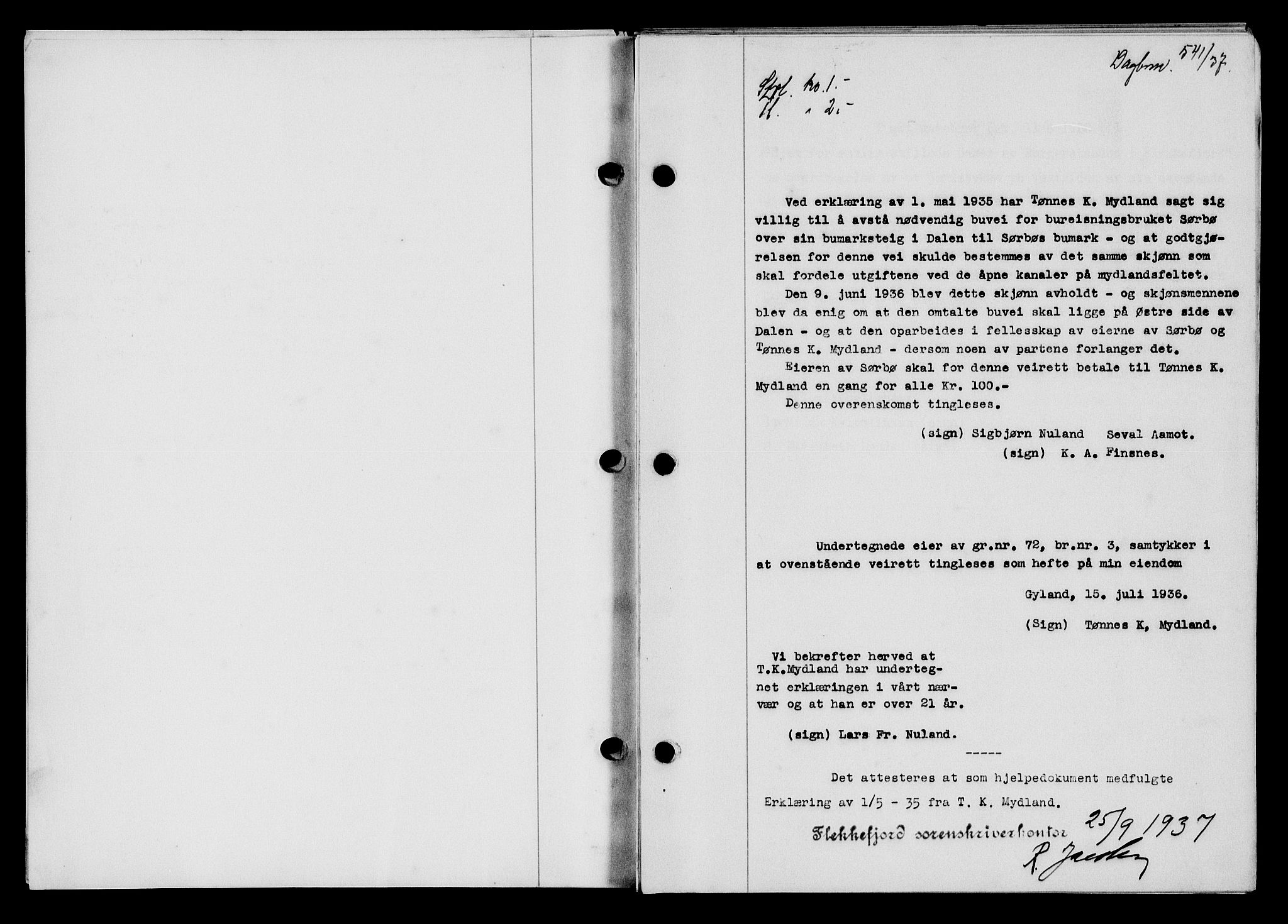 Flekkefjord sorenskriveri, SAK/1221-0001/G/Gb/Gba/L0054: Mortgage book no. A-2, 1937-1938, Diary no: : 541/1937