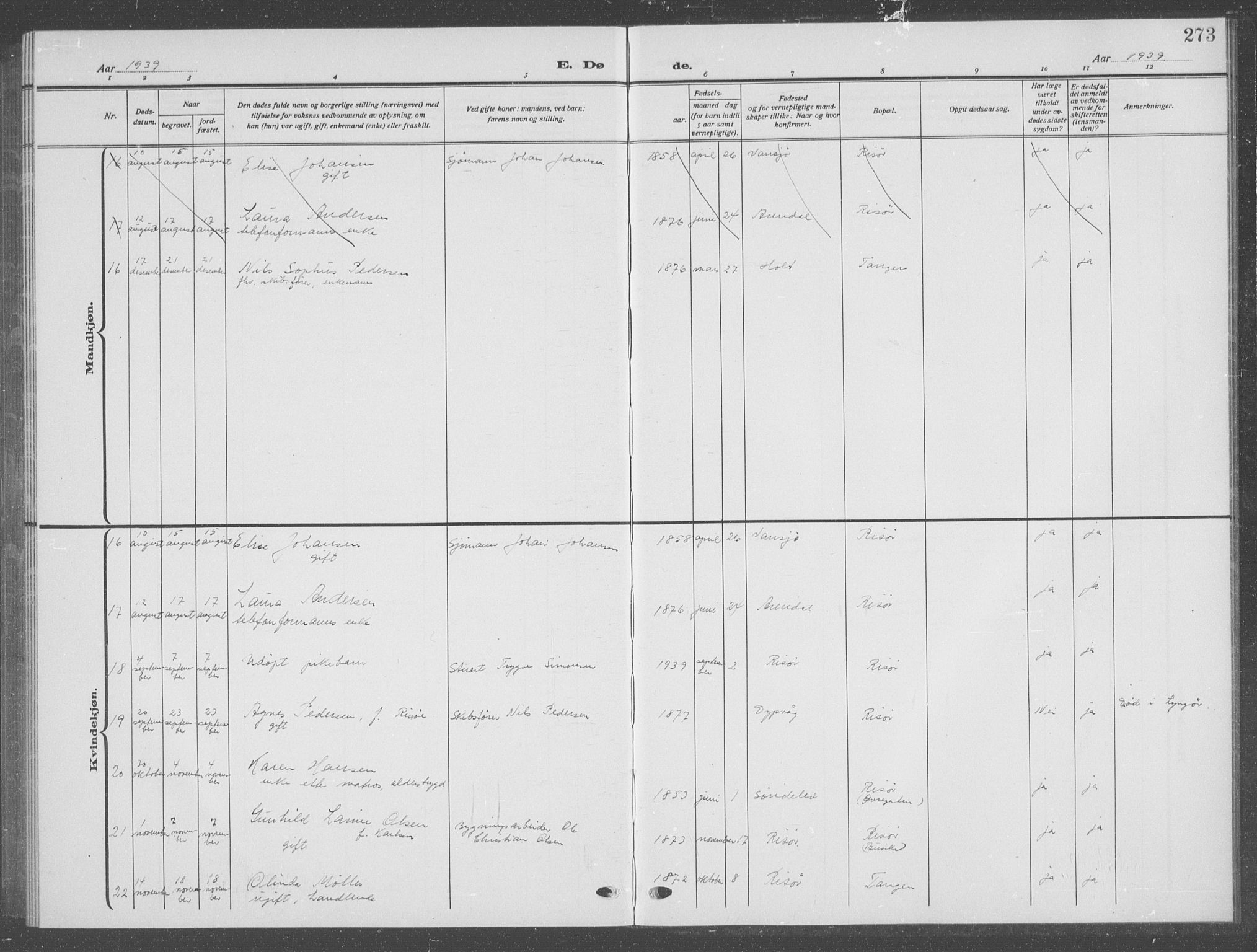 Risør sokneprestkontor, AV/SAK-1111-0035/F/Fb/L0009: Parish register (copy) no. B 9, 1922-1939, p. 273