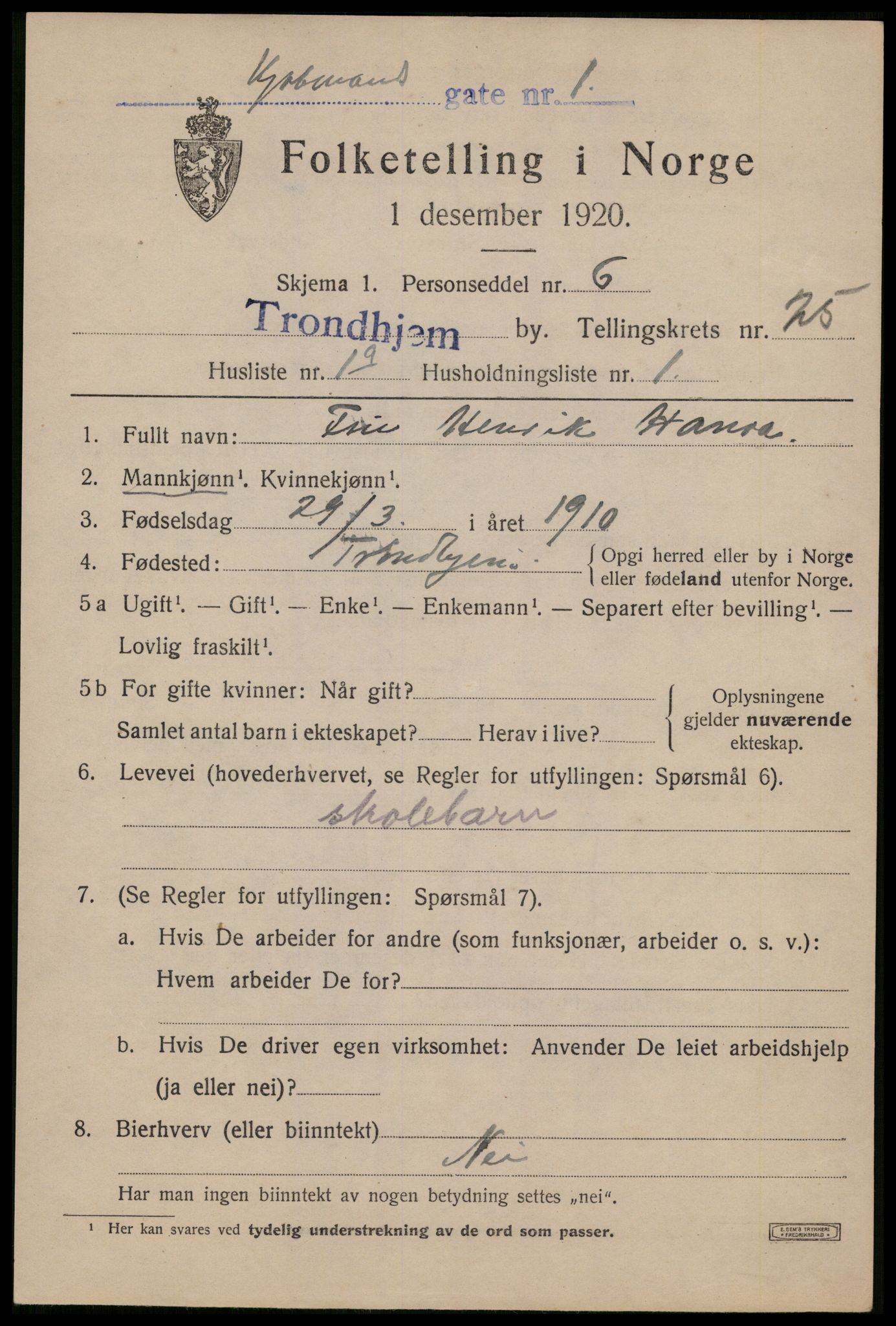 SAT, 1920 census for Trondheim, 1920, p. 67034