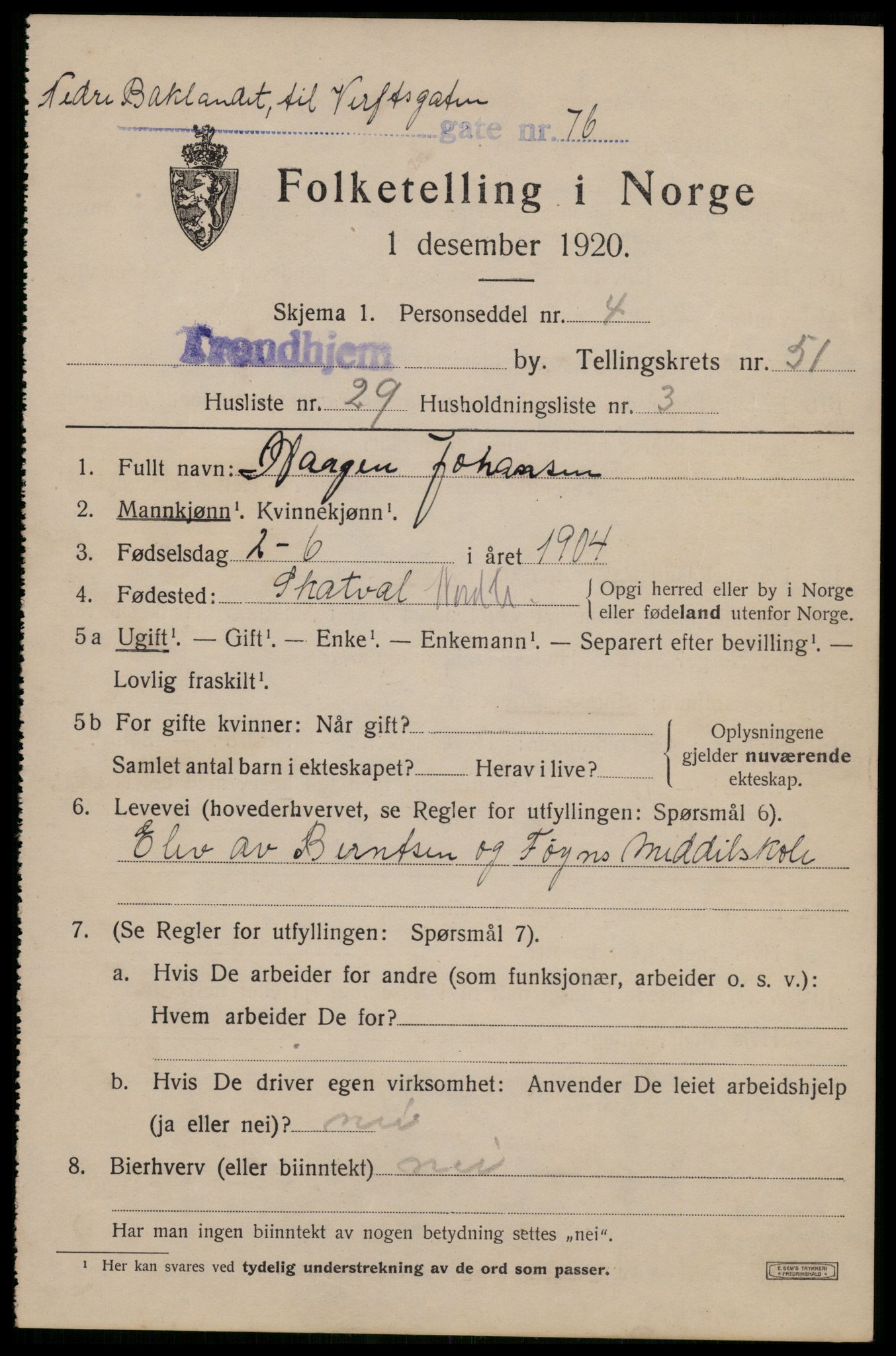 SAT, 1920 census for Trondheim, 1920, p. 105844