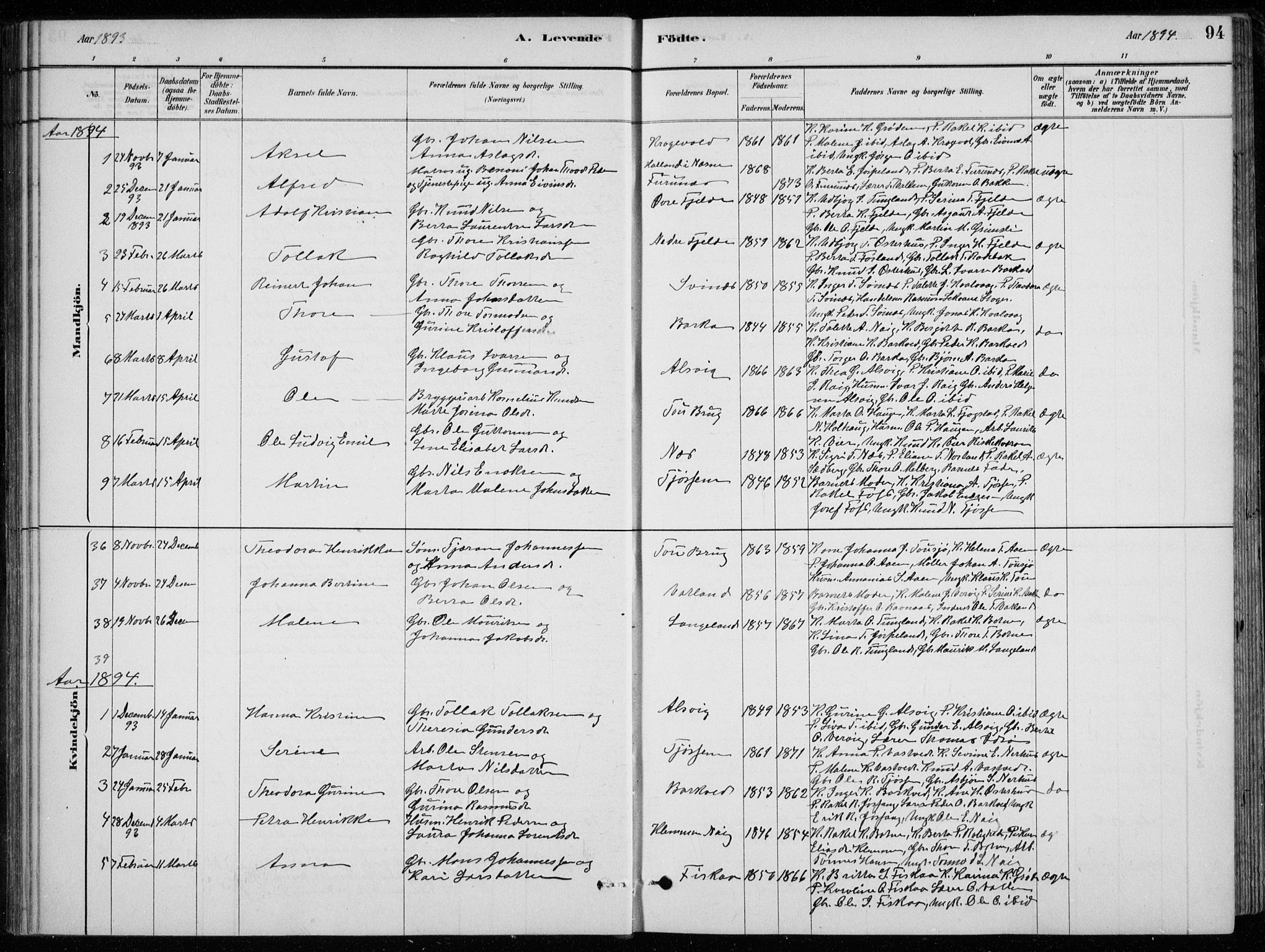 Strand sokneprestkontor, SAST/A-101828/H/Ha/Hab/L0004: Parish register (copy) no. B 4, 1878-1903, p. 94