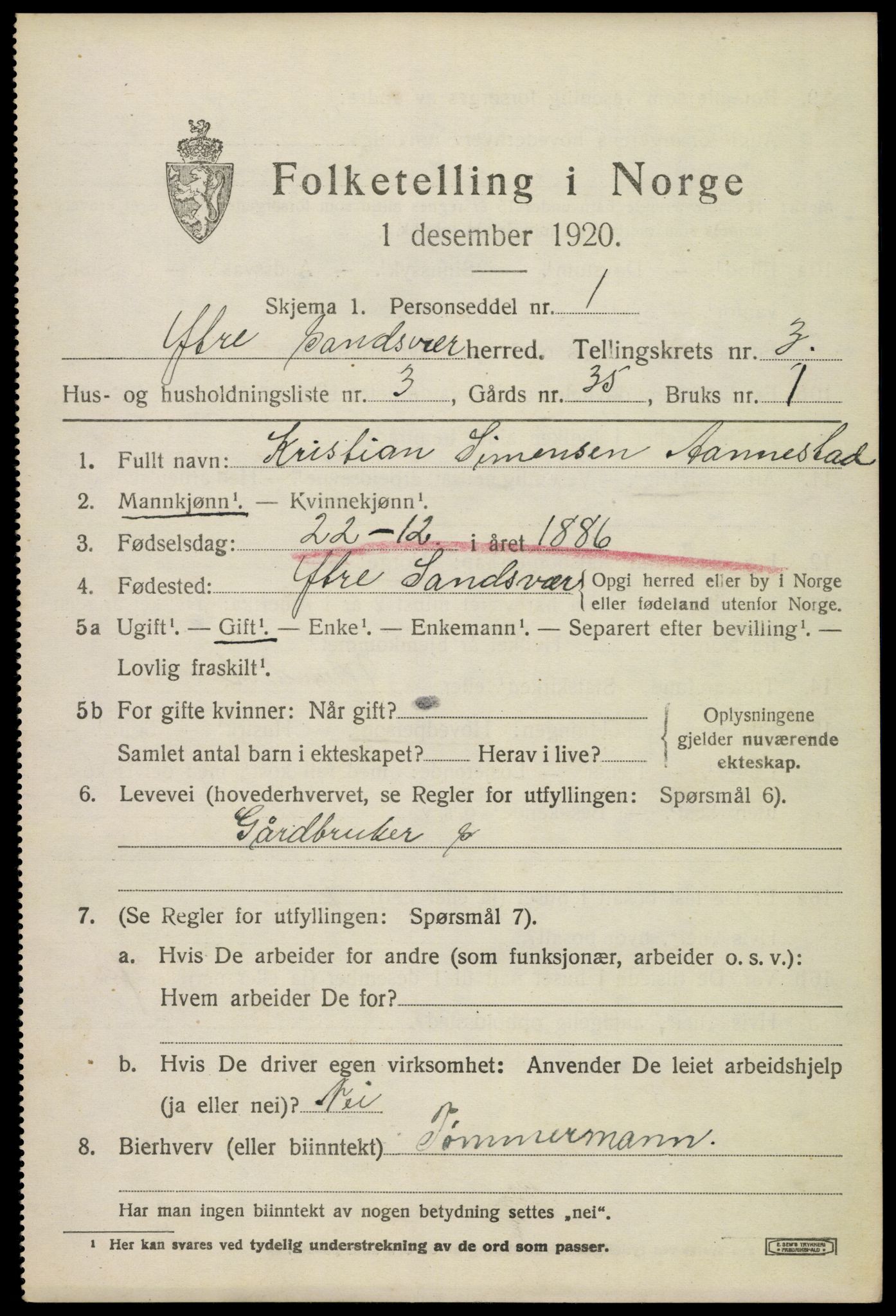 SAKO, 1920 census for Ytre Sandsvær, 1920, p. 3714