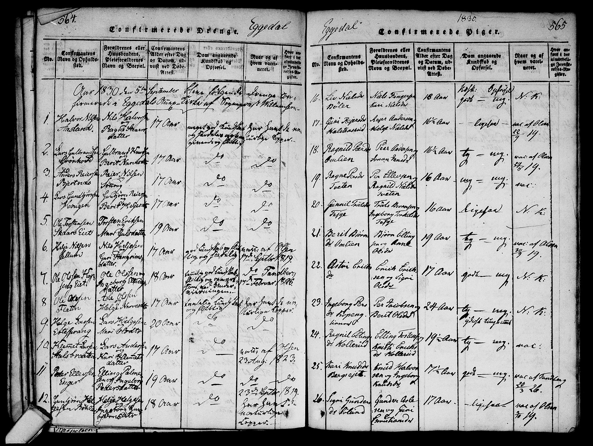 Sigdal kirkebøker, SAKO/A-245/G/Ga/L0001: Parish register (copy) no. I 1 /2, 1816-1835, p. 564-565