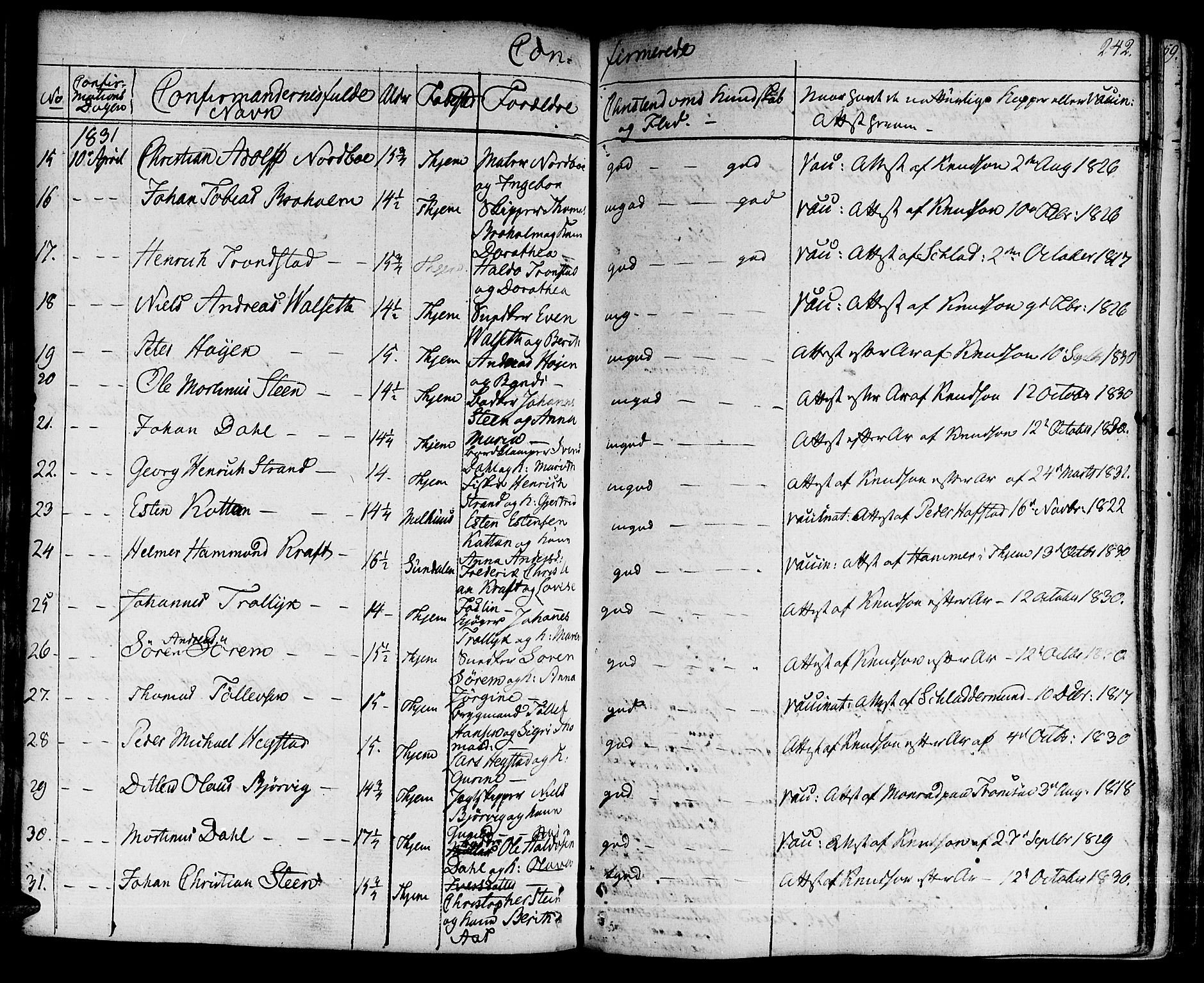 Ministerialprotokoller, klokkerbøker og fødselsregistre - Sør-Trøndelag, SAT/A-1456/601/L0045: Parish register (official) no. 601A13, 1821-1831, p. 242