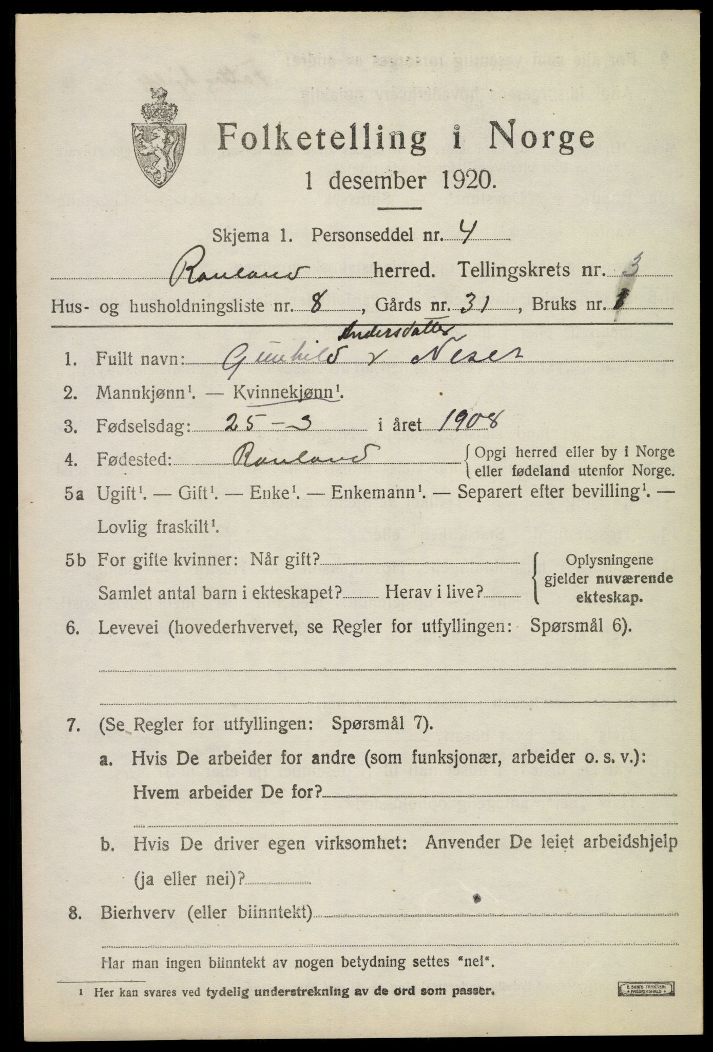 SAKO, 1920 census for Rauland, 1920, p. 796