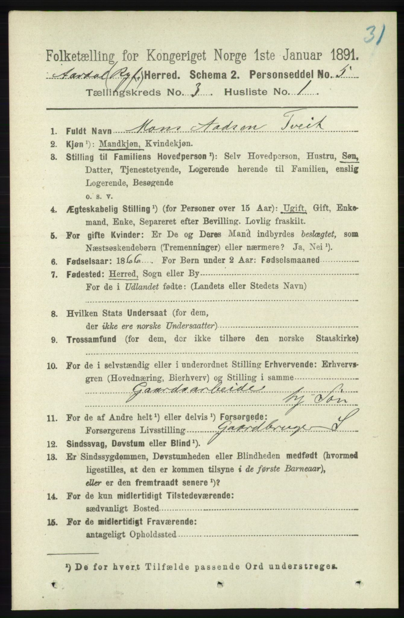 RA, 1891 census for 1131 Årdal, 1891, p. 828