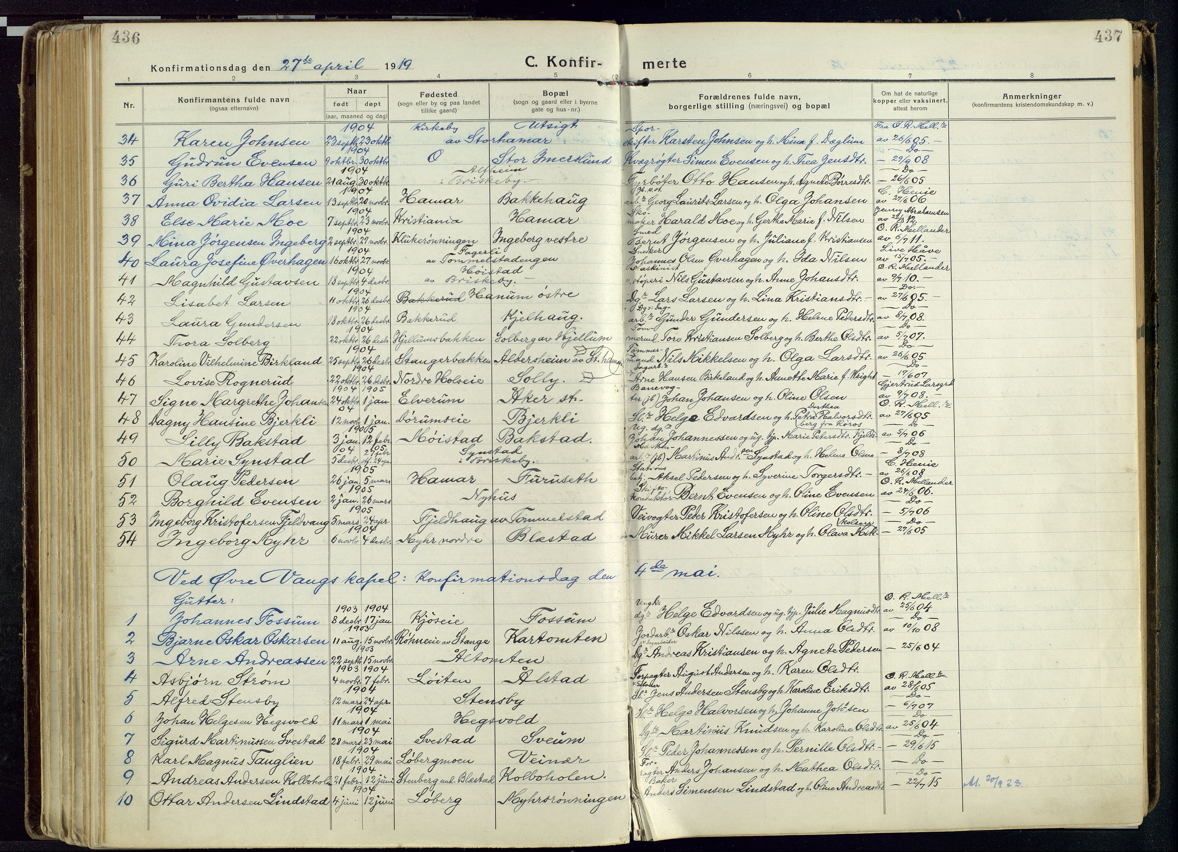 Vang prestekontor, Hedmark, SAH/PREST-008/H/Ha/Haa/L0022: Parish register (official) no. 22, 1918-1944, p. 436-437