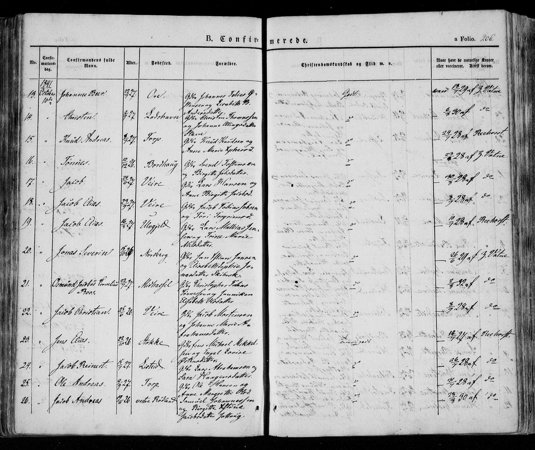 Lista sokneprestkontor, AV/SAK-1111-0027/F/Fa/L0009: Parish register (official) no. A 9, 1835-1846, p. 206