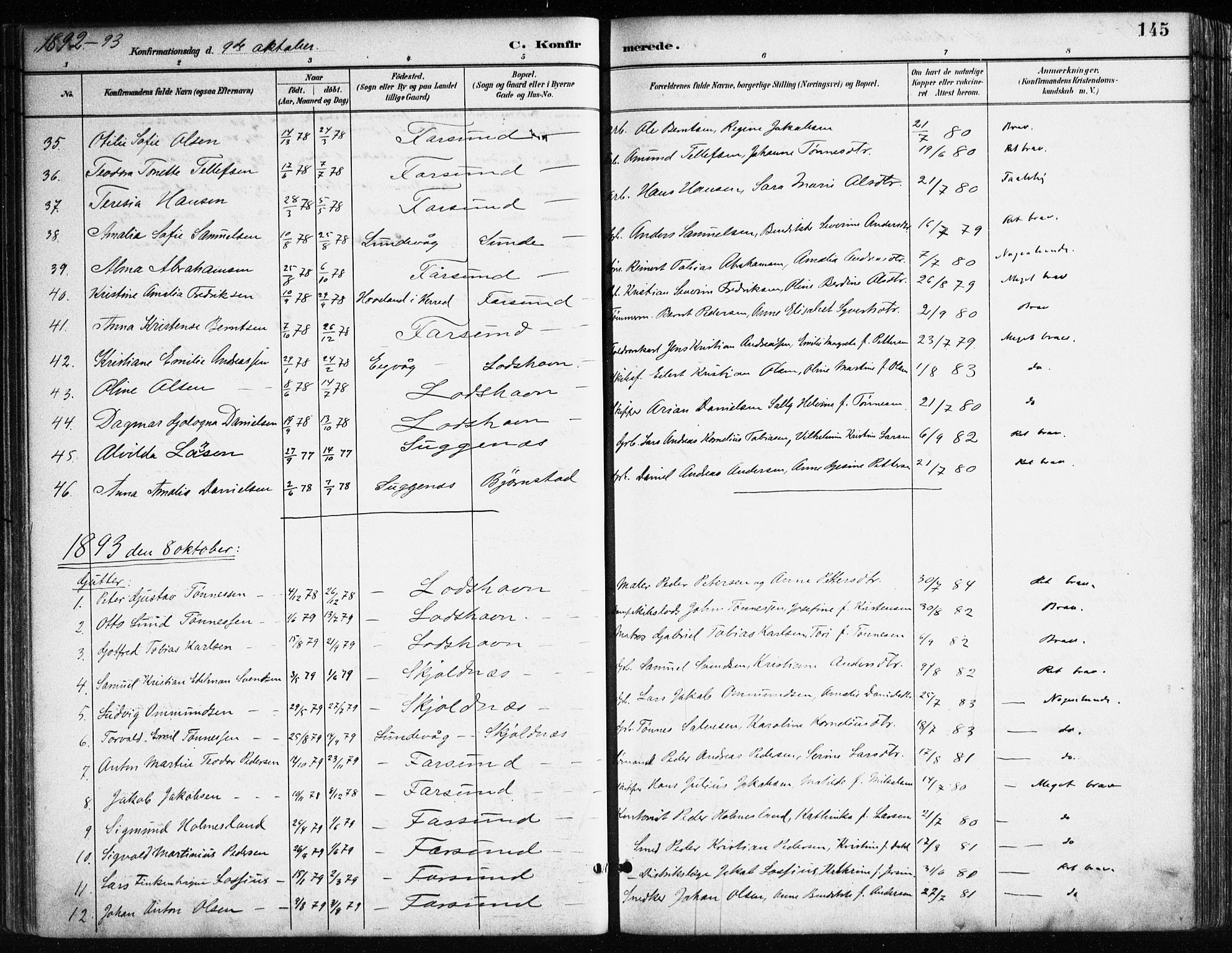 Farsund sokneprestkontor, AV/SAK-1111-0009/F/Fa/L0006: Parish register (official) no. A 6, 1887-1920, p. 145