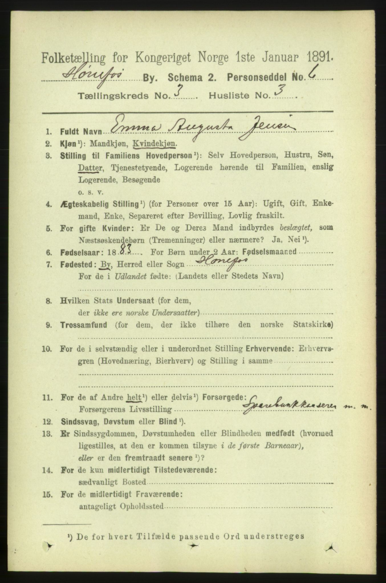 RA, 1891 census for 0601 Hønefoss, 1891, p. 662
