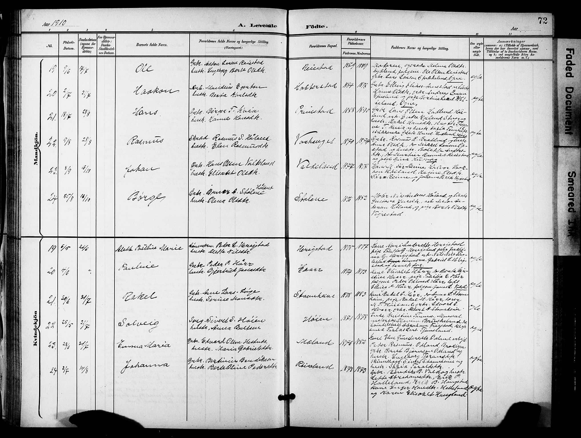 Hå sokneprestkontor, AV/SAST-A-101801/001/30BB/L0006: Parish register (copy) no. B 6, 1900-1924, p. 72