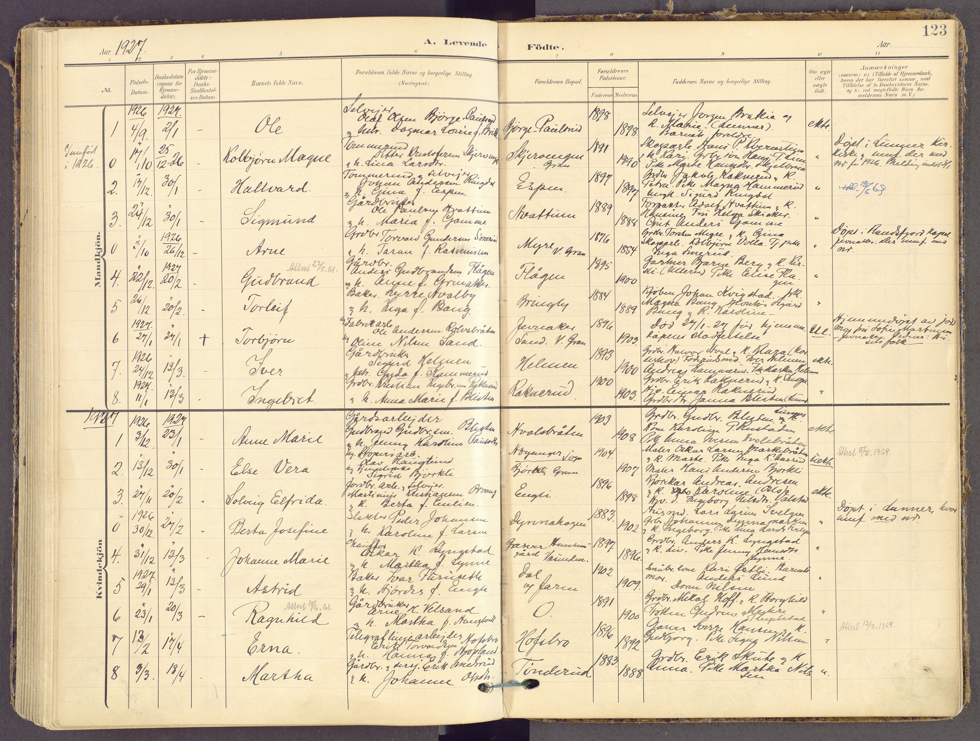Gran prestekontor, SAH/PREST-112/H/Ha/Haa/L0021: Parish register (official) no. 21, 1908-1932, p. 123